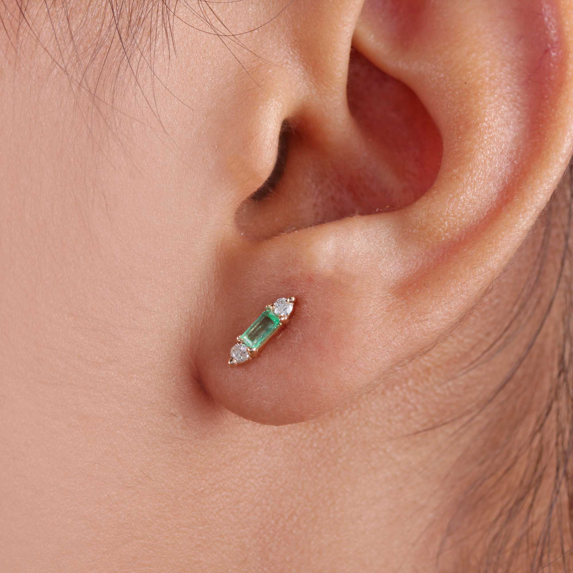 Diamond 14K Solid Gold Natural Emerald Stud Earrings