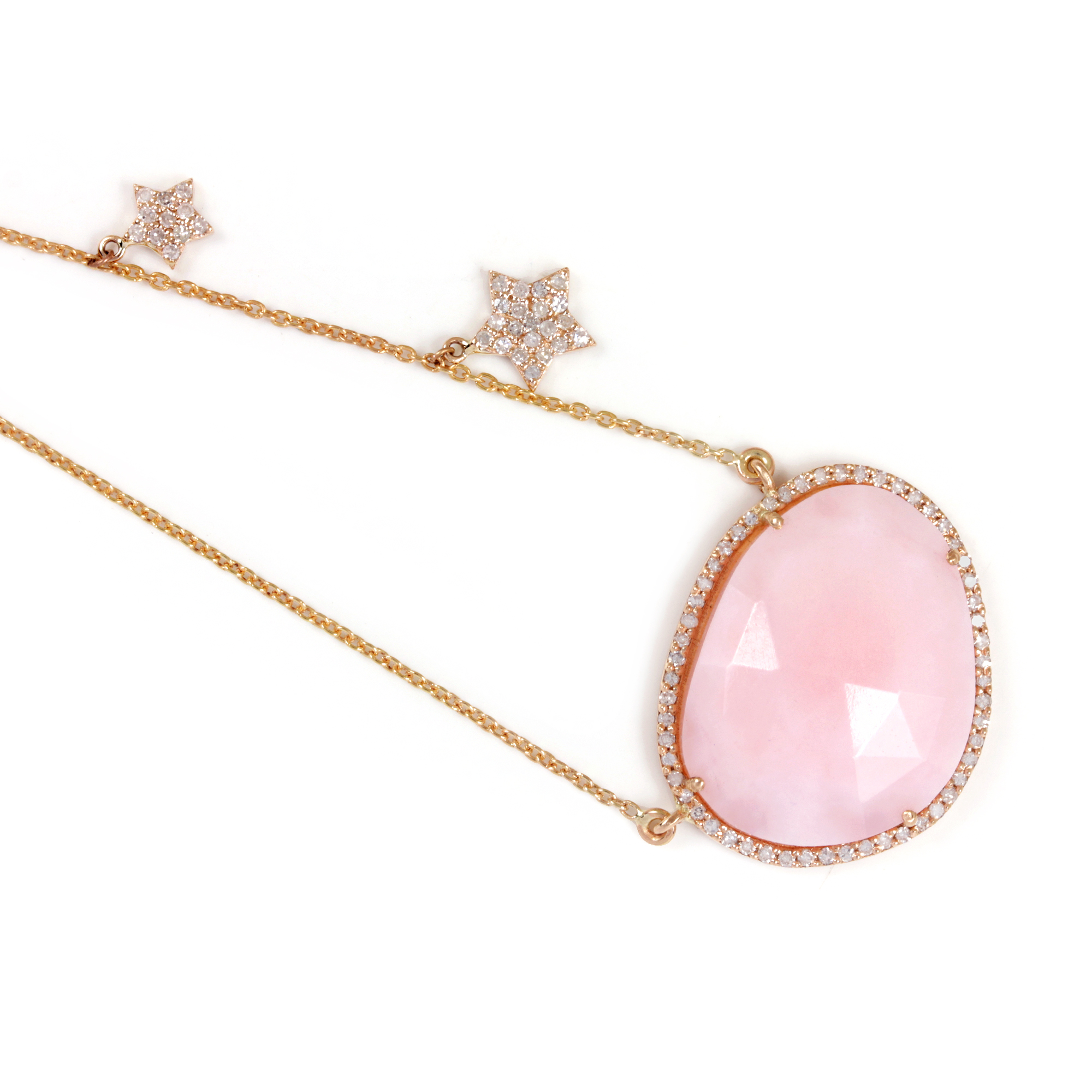 Pink Opal Pave Diamond Pendant Necklace 14K Solid Gold Chain Jewelry