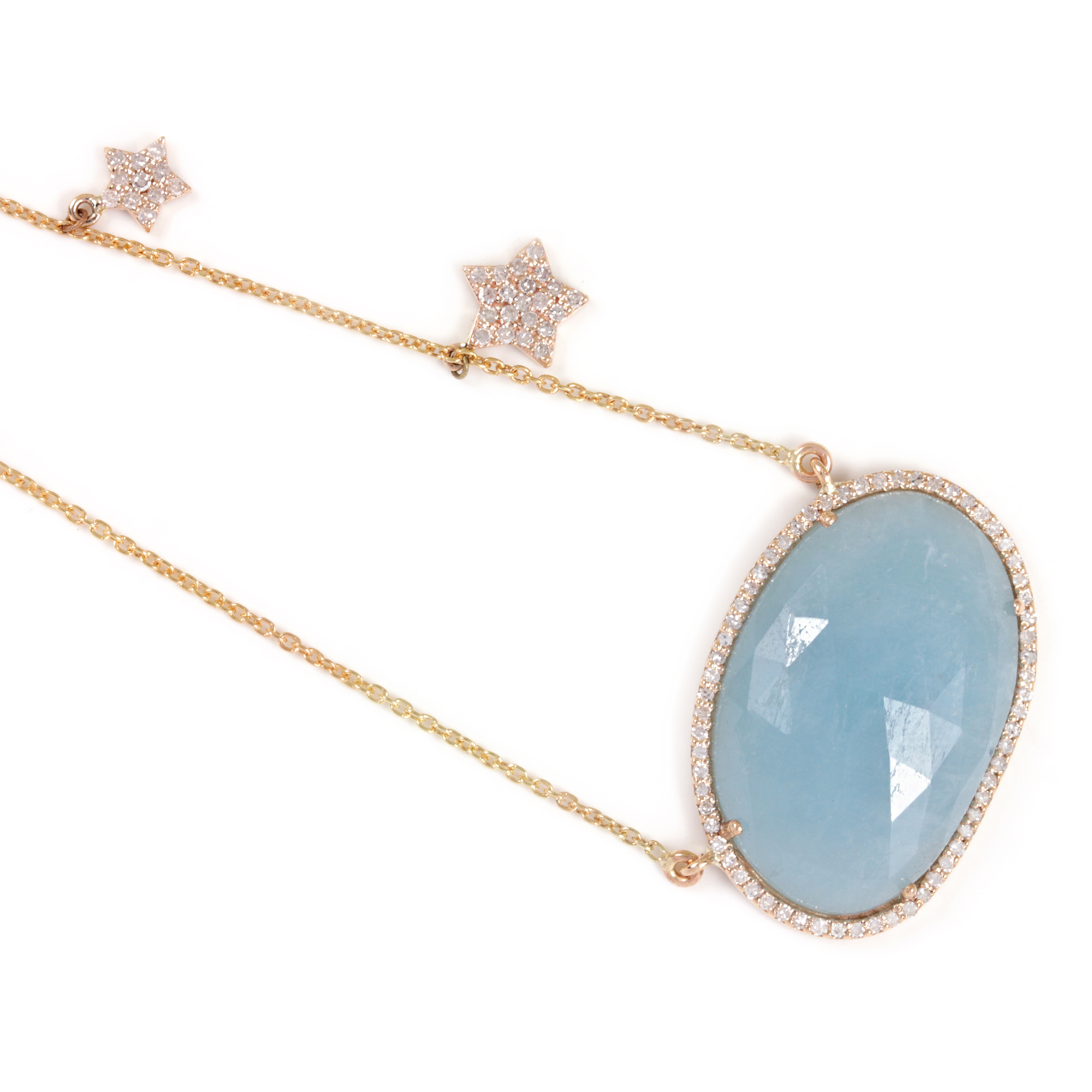 Aquamarine Gemstone Pave Diamond Pendant Necklace 14K Solid Gold Chain Jewelry