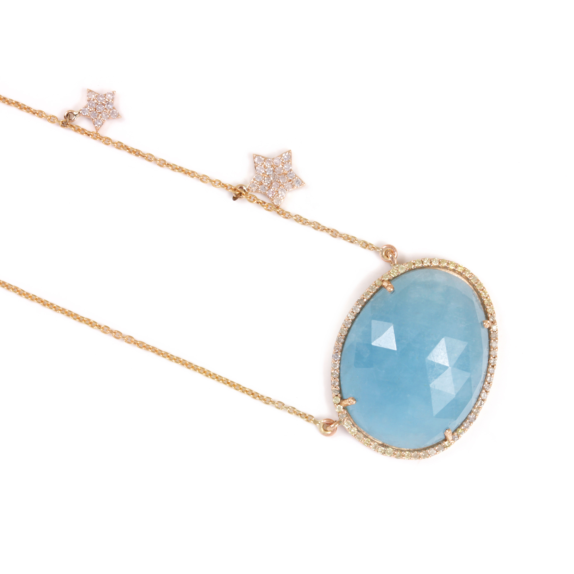 Pave Diamond Aquamarine Pendant Necklace 14K Solid Gold Chain Jewelry