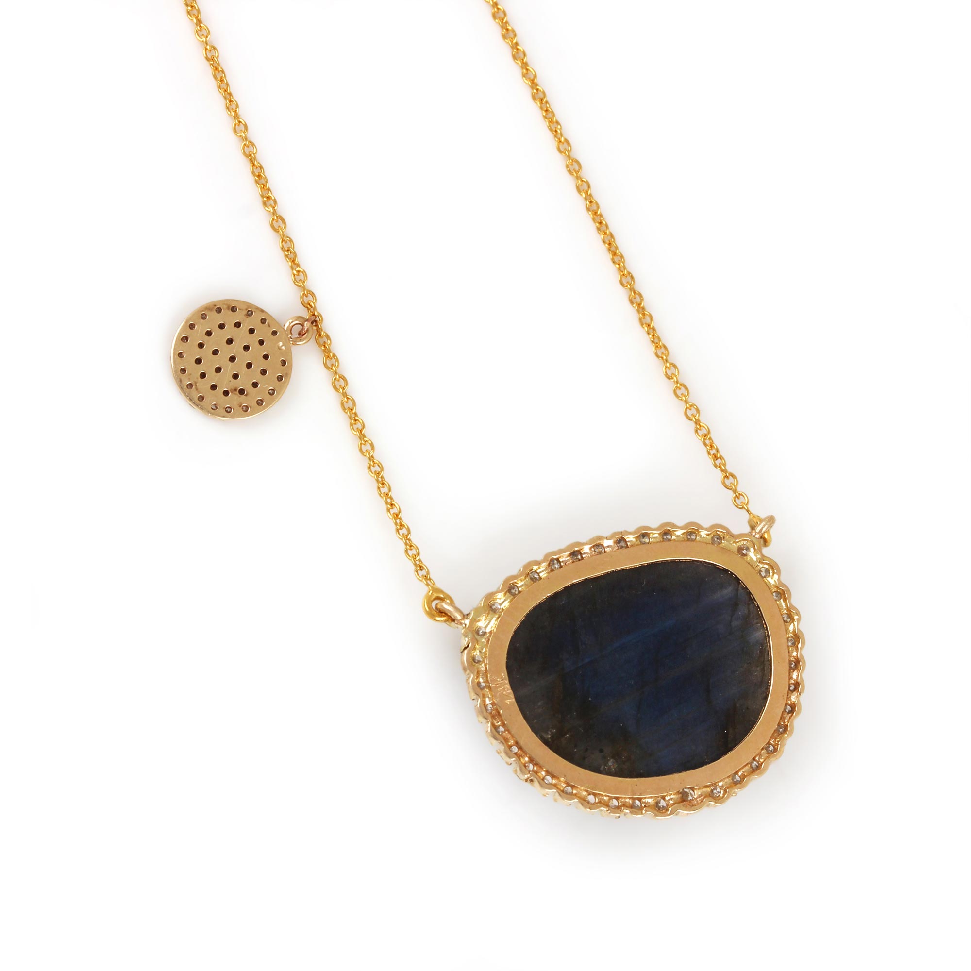 Labradorite Pave Diamond Pendant Chain Necklace Solid 14K Gold Fine Jewelry