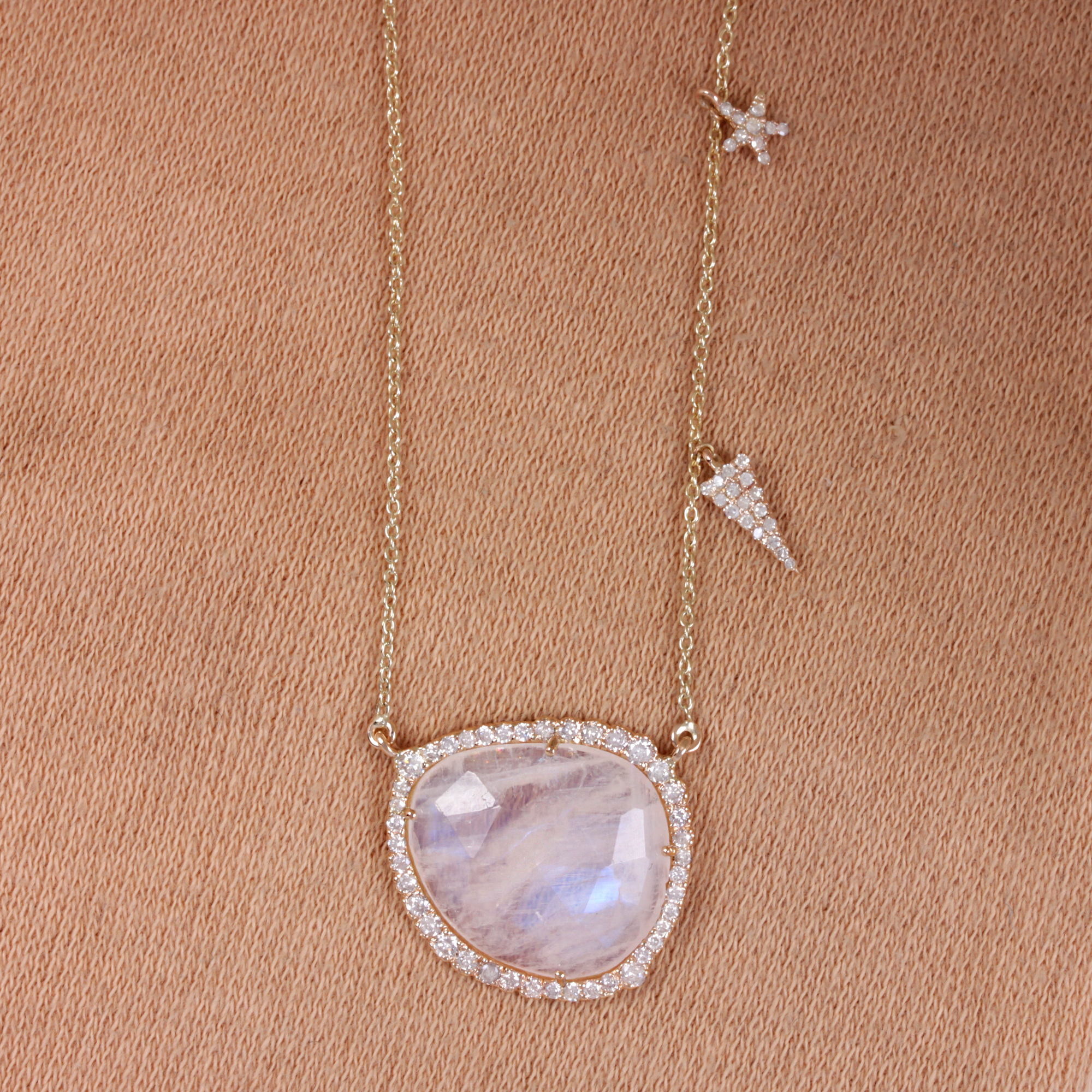 Rainbow Moonstone Gemstone 14K Solid Gold Pendant Necklace Pave Diamond Jewelry