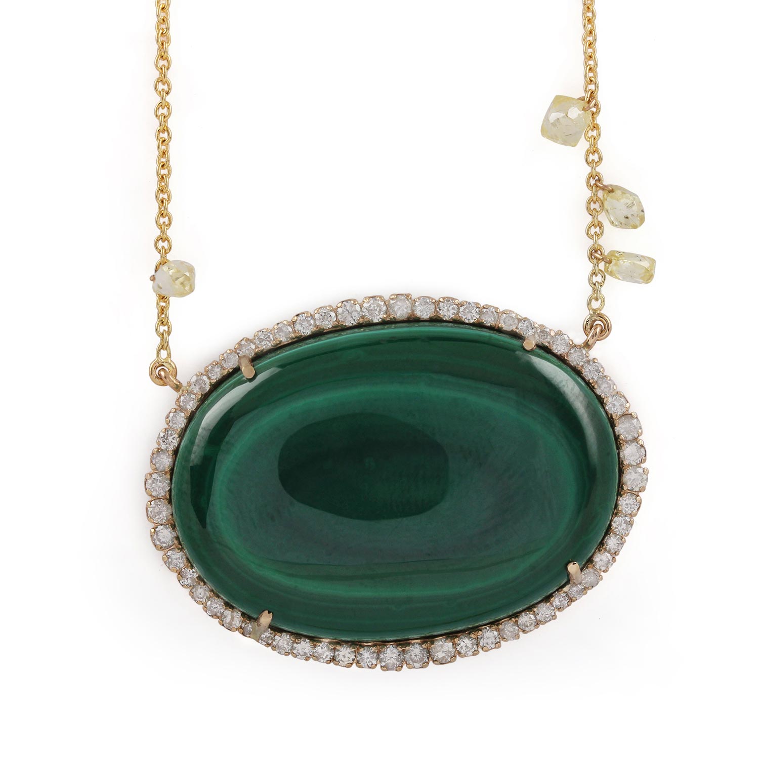 Malachite Gemstone Pendant Chain Necklace 14K Solid Gold Pave Diamond Fine Jewelry