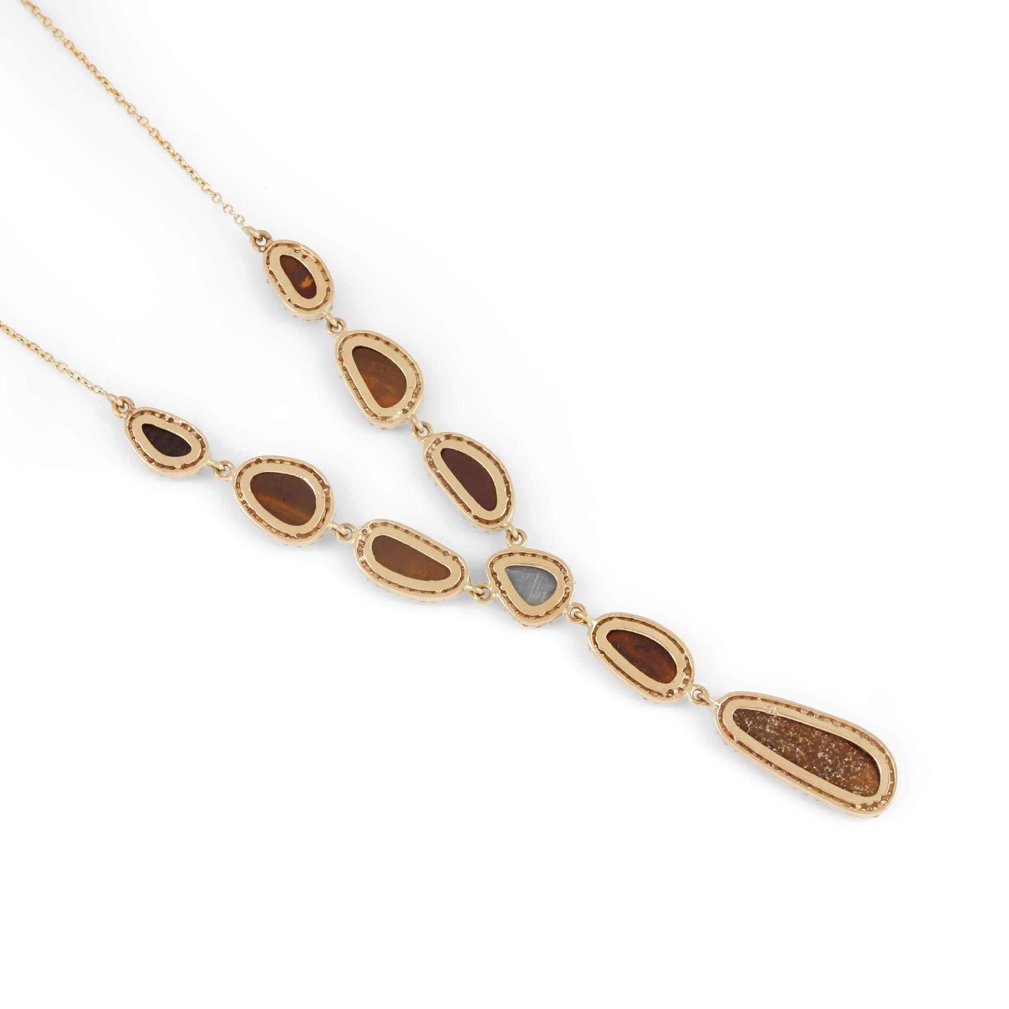 14K Solid Gold Opal Gemstone Lariat Necklace Pave Diamond Jewelry