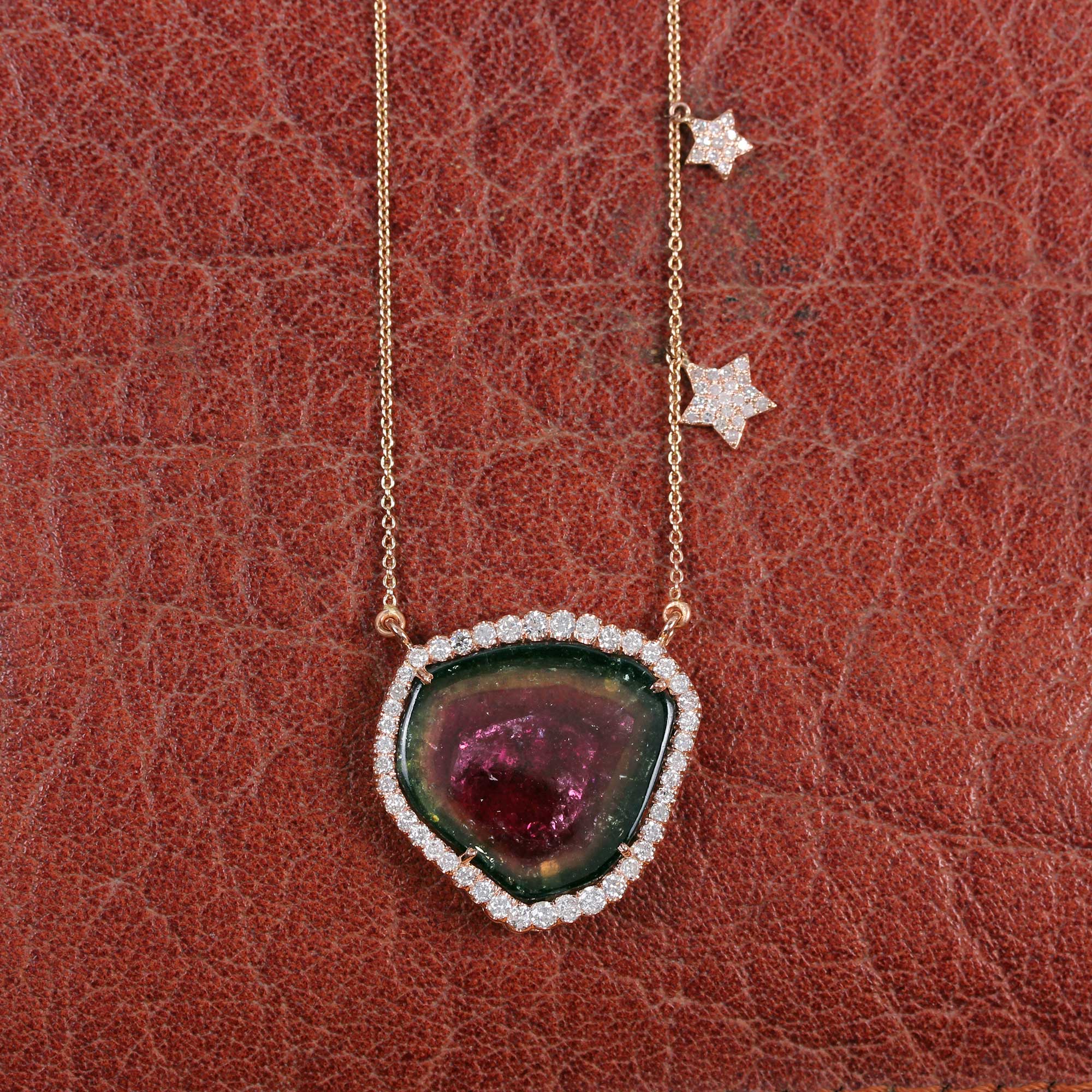 Pave Diamond Solid 14K Rose Gold Pendant Necklace Tourmaline Jewelry