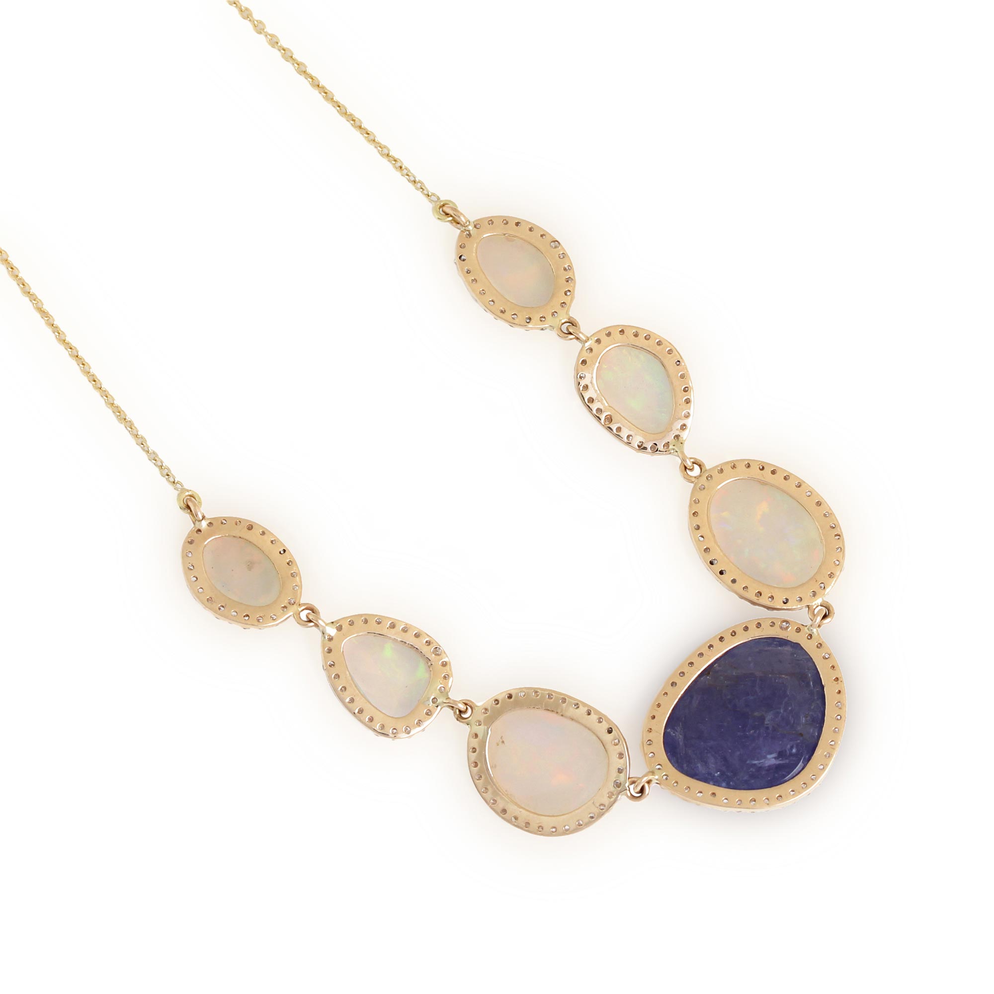 14K Solid Gold Opal Tanzanite Pendant Chain Necklace Pave Diamond Jewelry