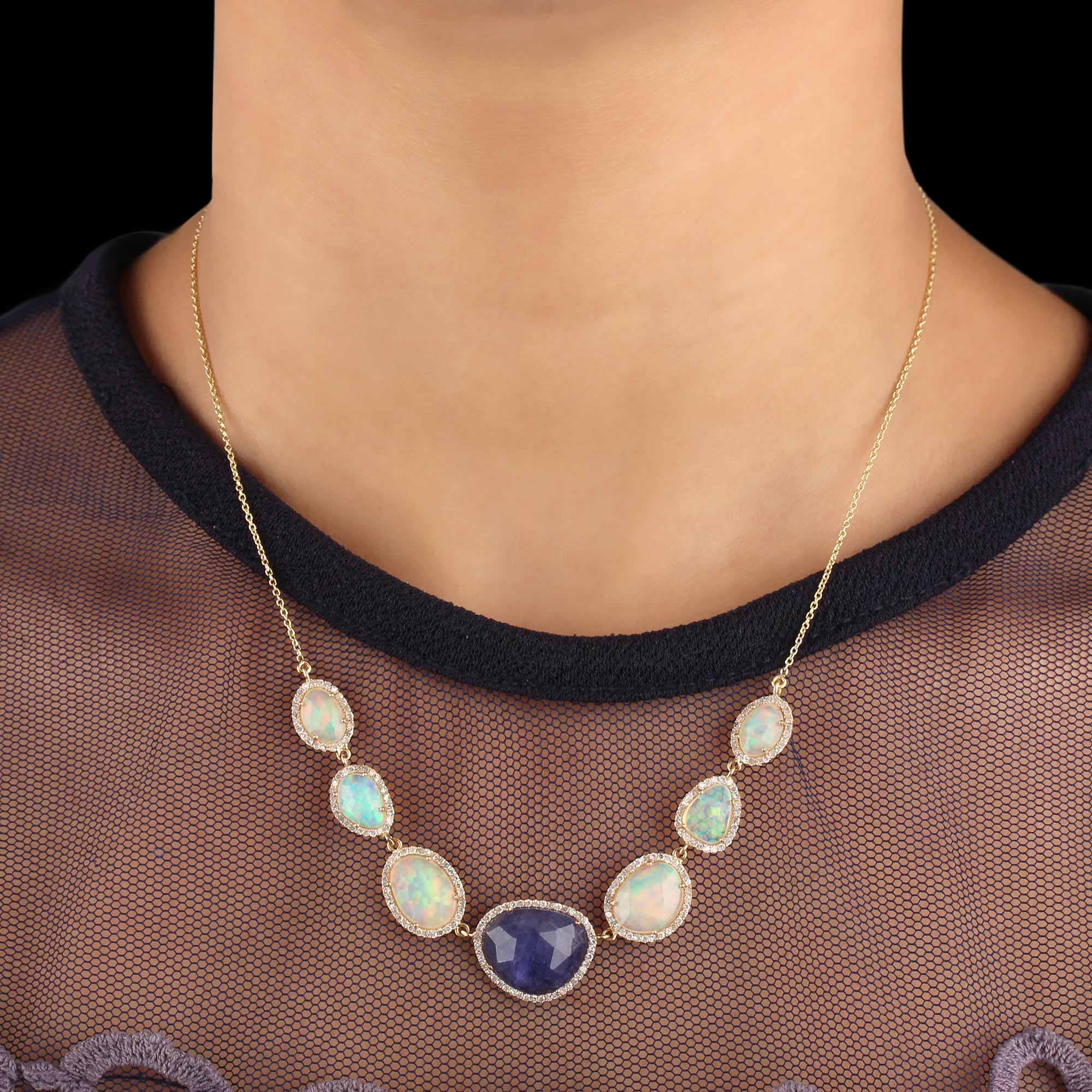14K Solid Gold Opal Tanzanite Pendant Chain Necklace Pave Diamond Jewelry