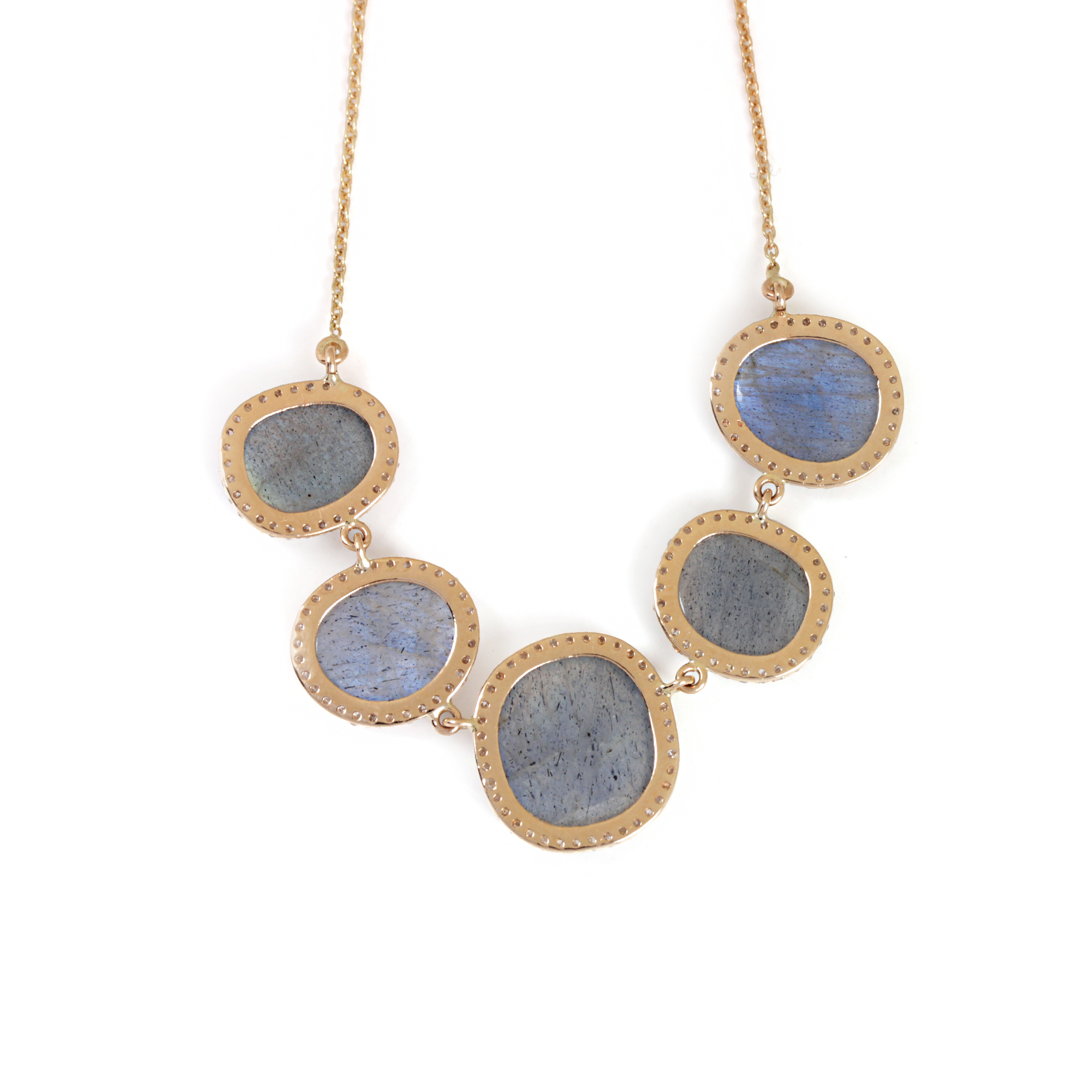 Pave Diamond Labradorite Pendant Necklace 14K Solid Gold Chain Jewelry