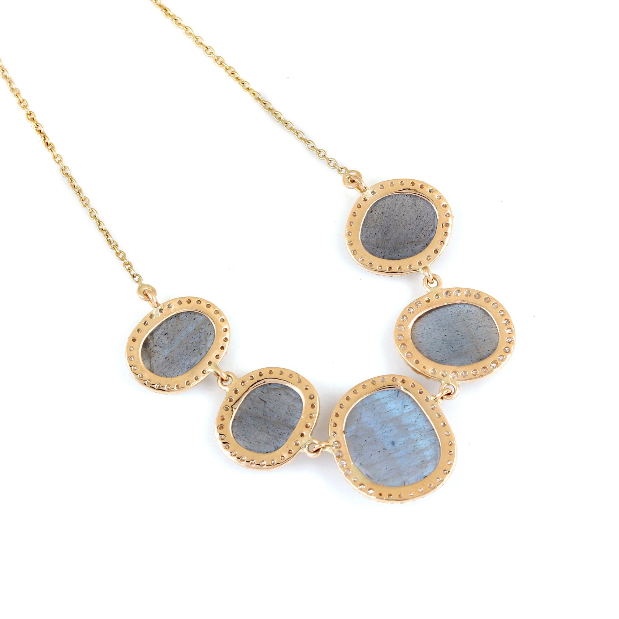 14K Solid Gold Labradorite Pendant Chain Necklace Pave Diamond Jewelry