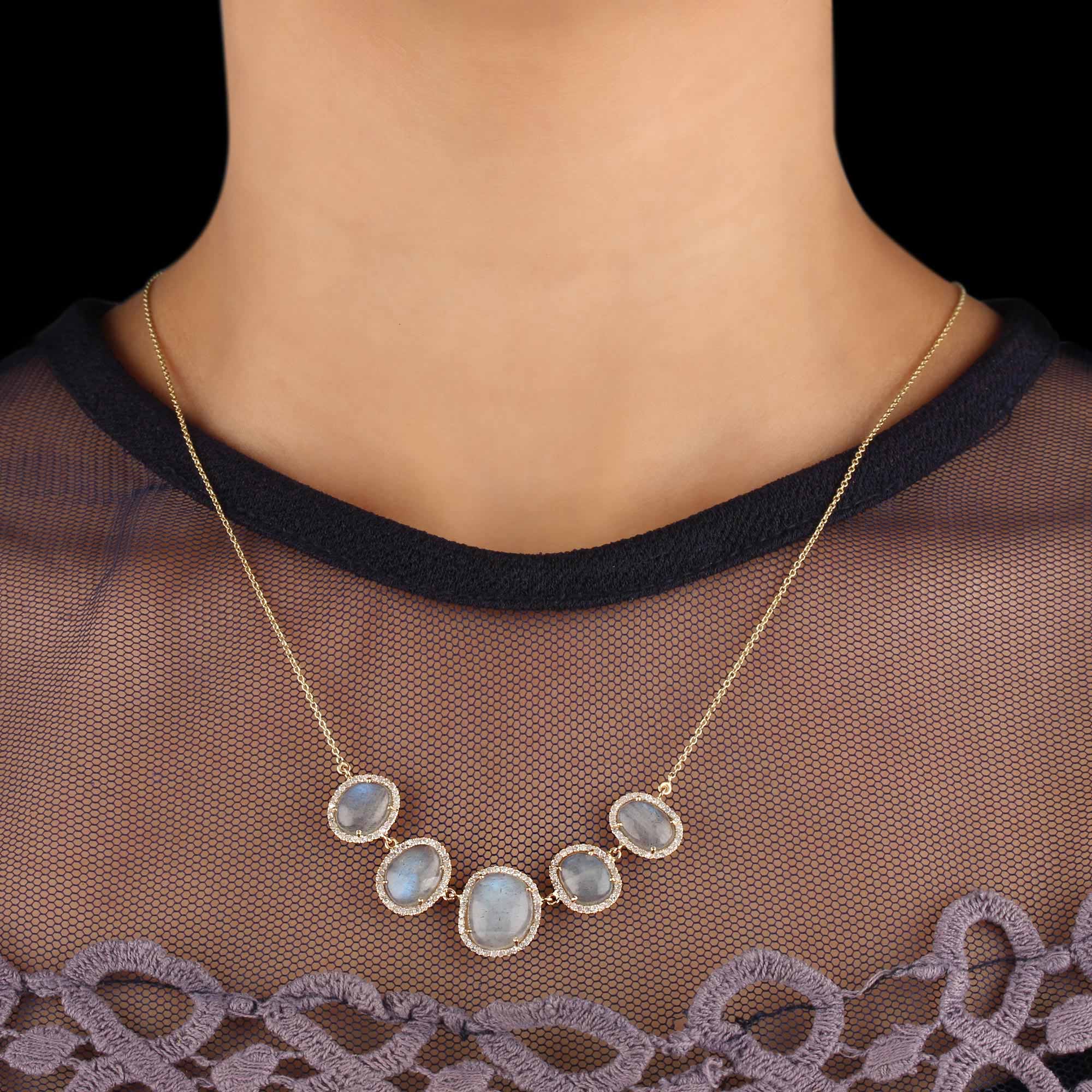 14K Solid Gold Labradorite Pendant Chain Necklace Pave Diamond Jewelry