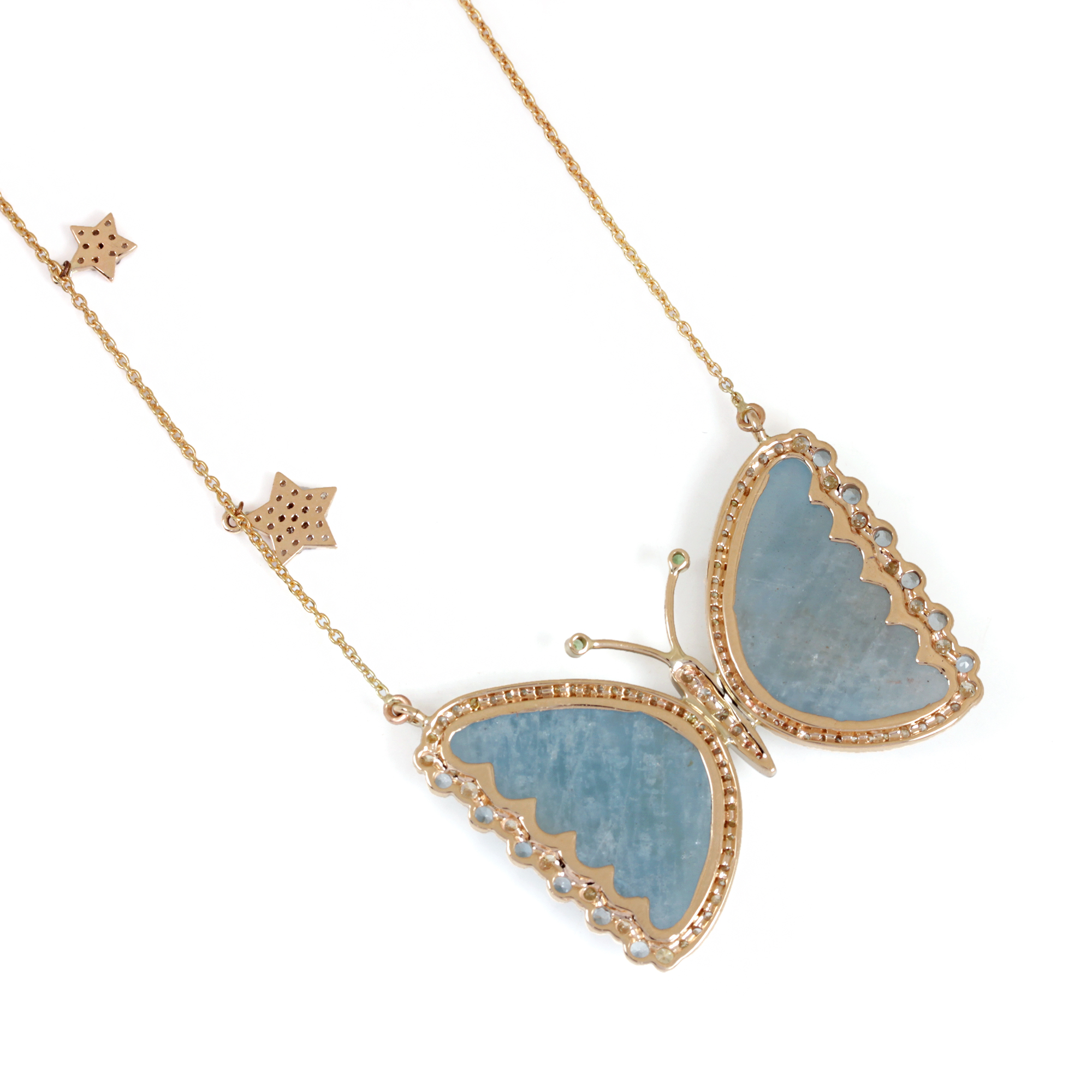 Aquamarine Gemstone Tsavorite Butterfly Pendant Necklace Pave Diamond 14K Solid Gold Jewelry