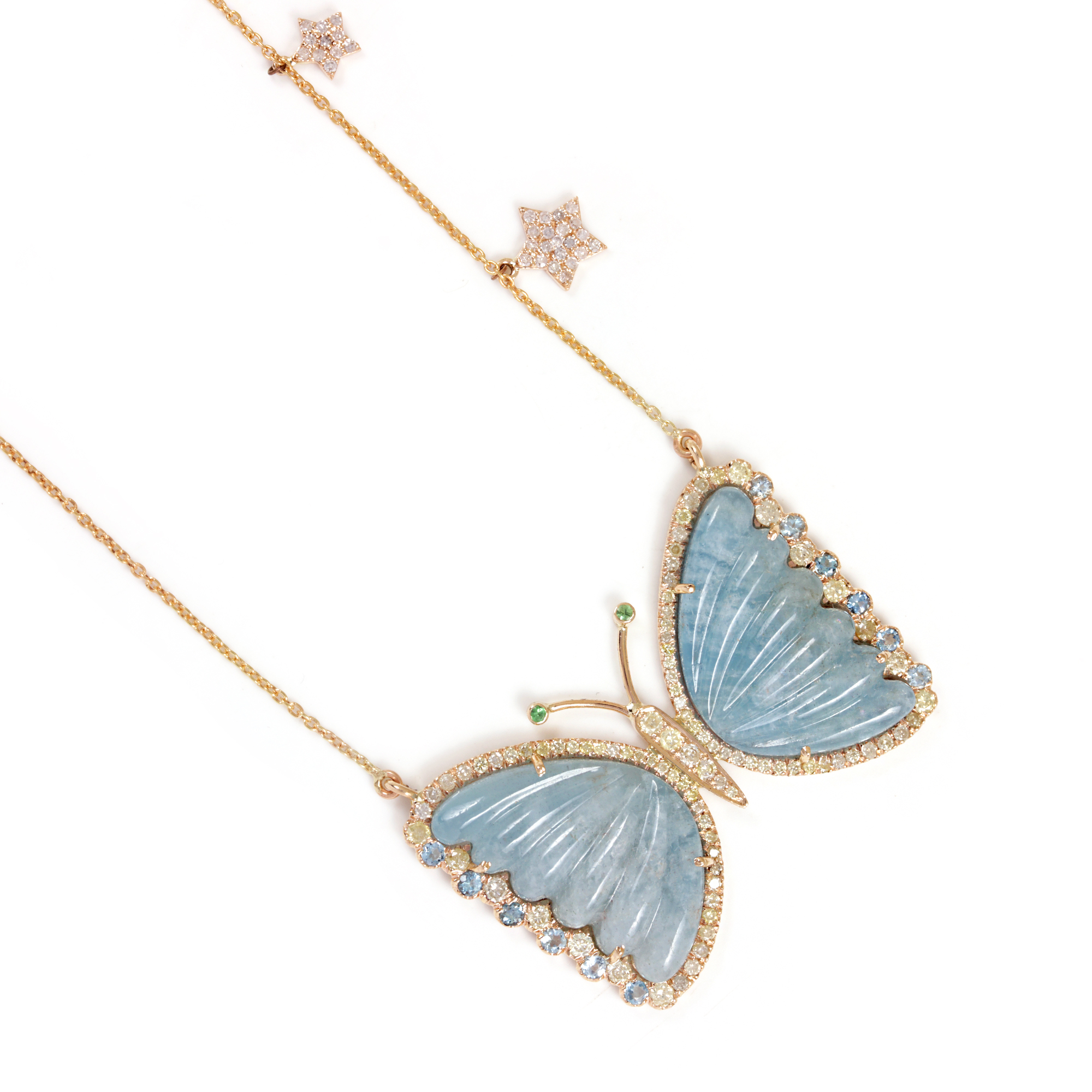 Aquamarine Gemstone Tsavorite Butterfly Pendant Necklace Pave Diamond 14K Solid Gold Jewelry