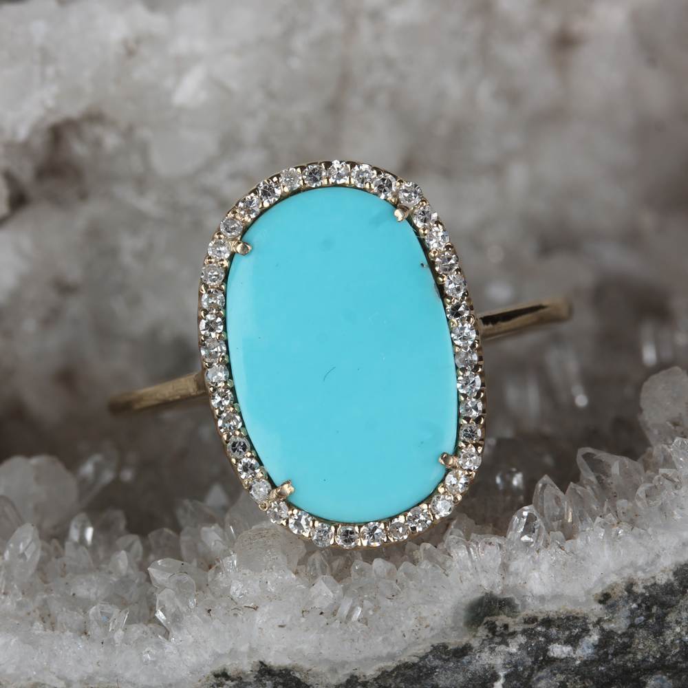 14K Solid Gold Pave Diamond Ring Natural Aquamarine Gemstone Jewelry