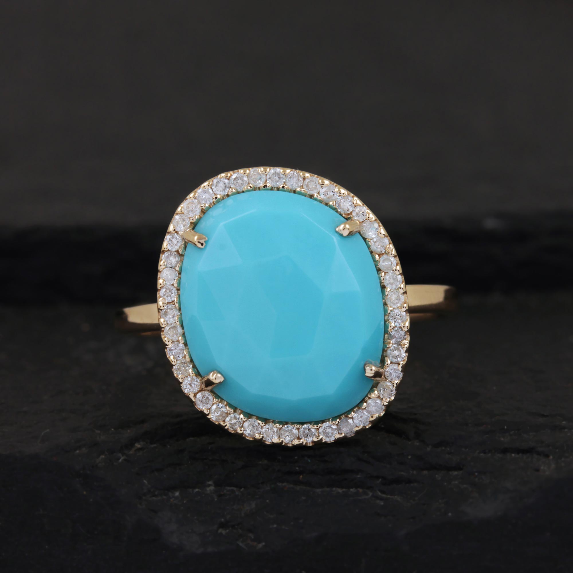 Turquoise Gemstone 14K Solid Gold Ring Pave Diamond Jewelry