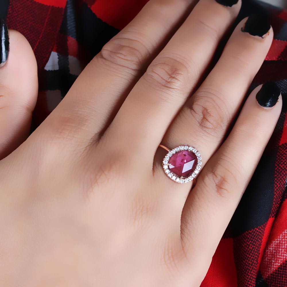 Pink Tourmaline Gemstone 14K Solid Gold Ring Pave Diamond Jewelry