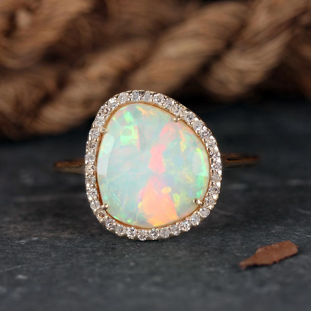 Opal Gemstone 14K Solid Gold Ring Pave Diamond Jewelry