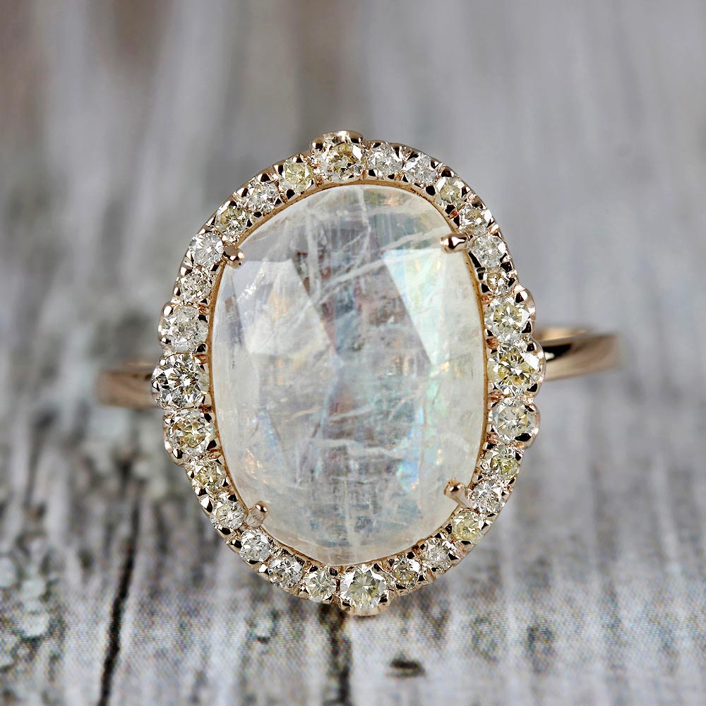 Moonstone Gemstone 14K Solid Gold Ring Pave Diamond Jewelry