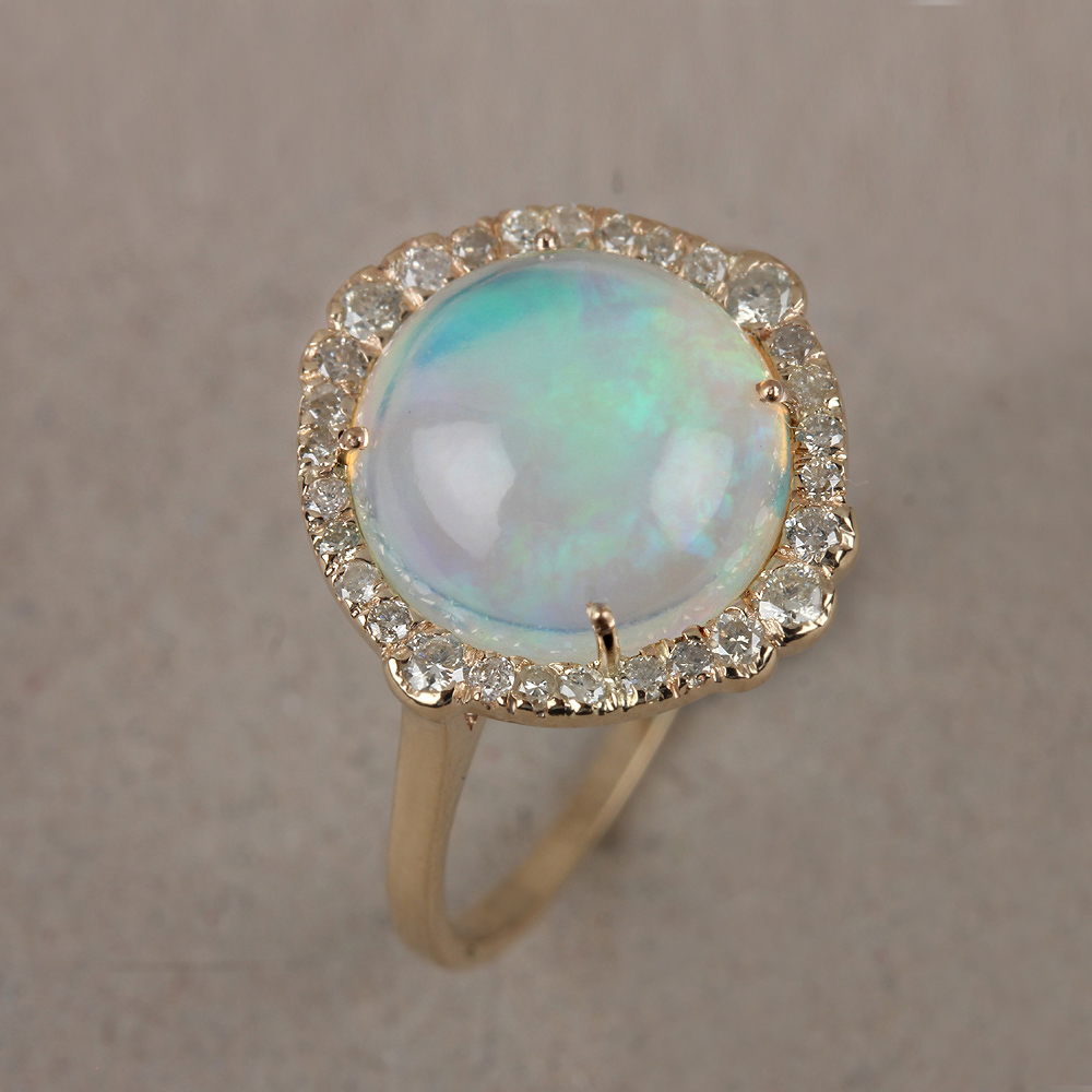 Opal Gemstone 14K Solid Gold Cocktail Ring Pave Diamond Jewelry