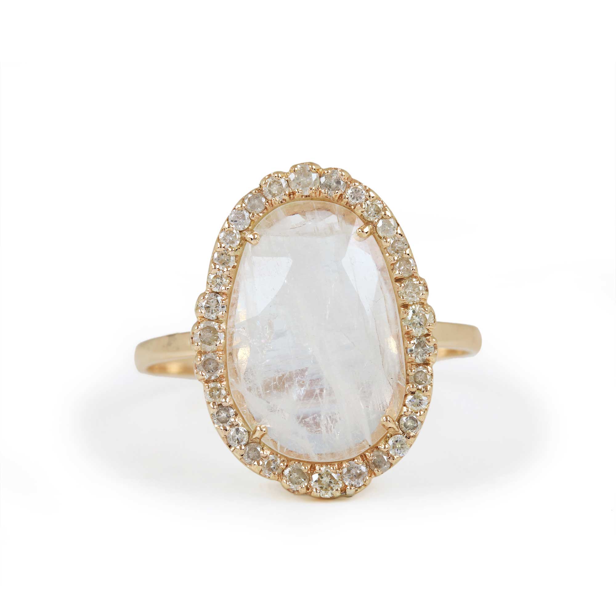 Natural Moonstone Pave Diamond 14K Solid Gold Ring