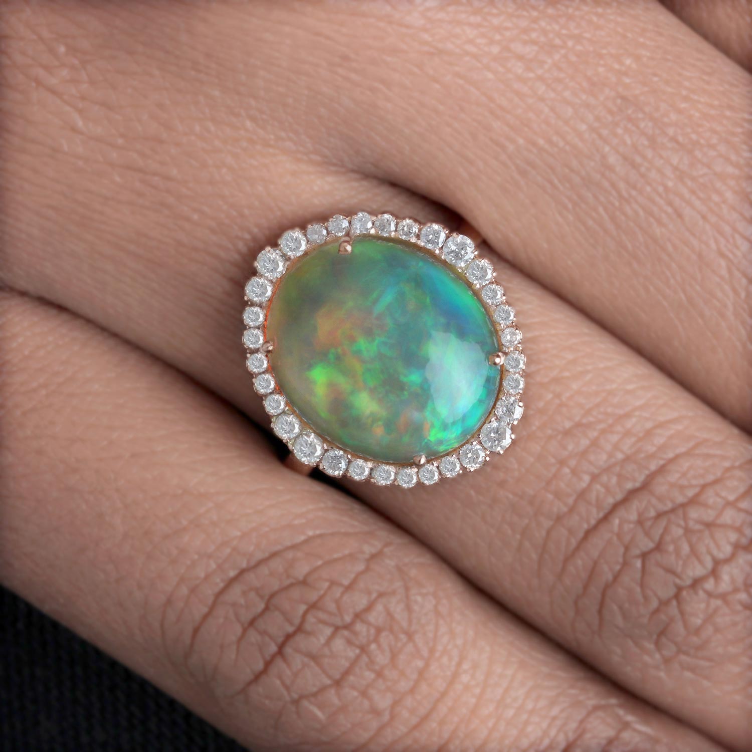 Opal Gemstone 14K Solid Gold Cocktail Ring Pave Diamond Fine Jewelry