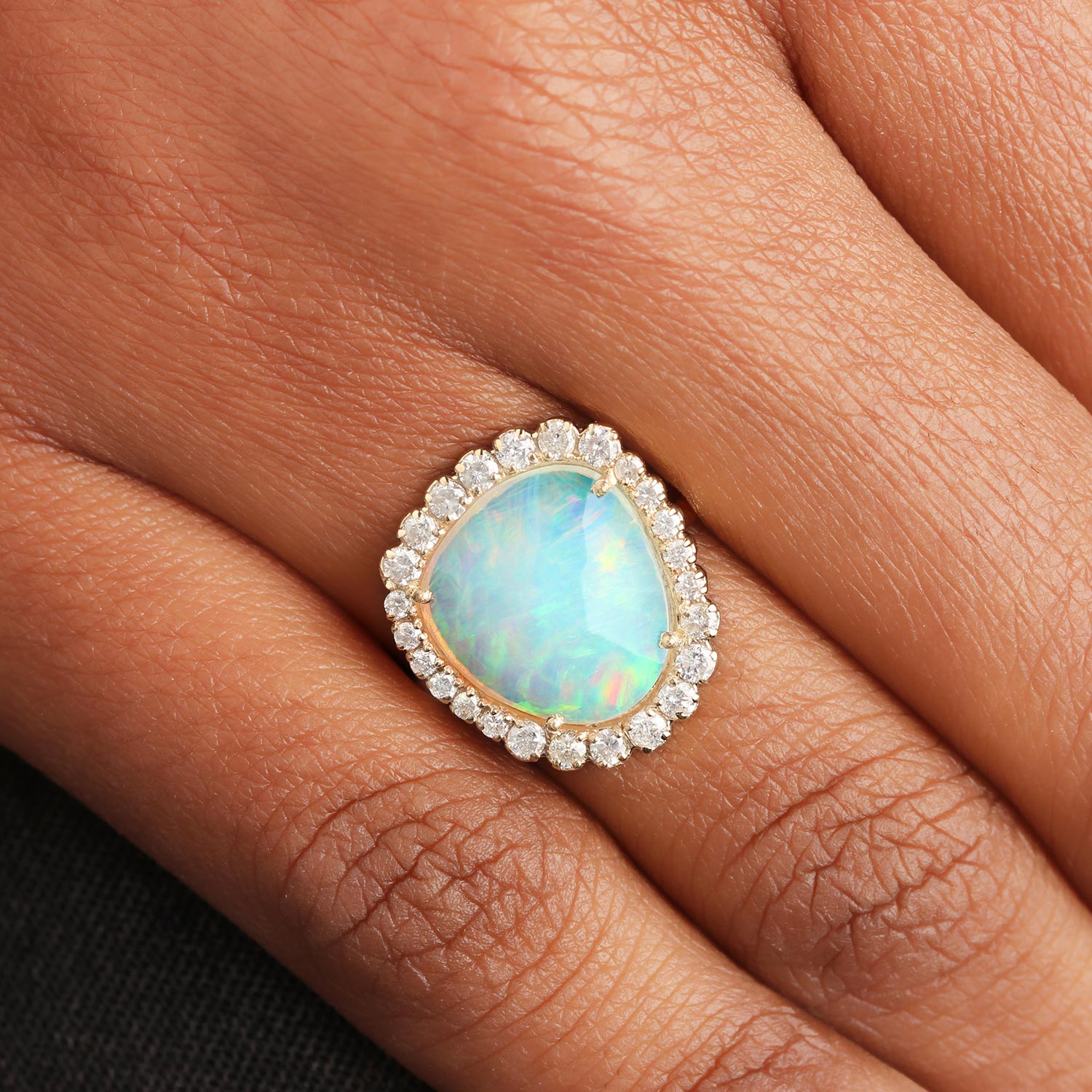 Opal Gemstone 14K Solid Gold Cocktail Ring Pave Diamond Fine Jewelry