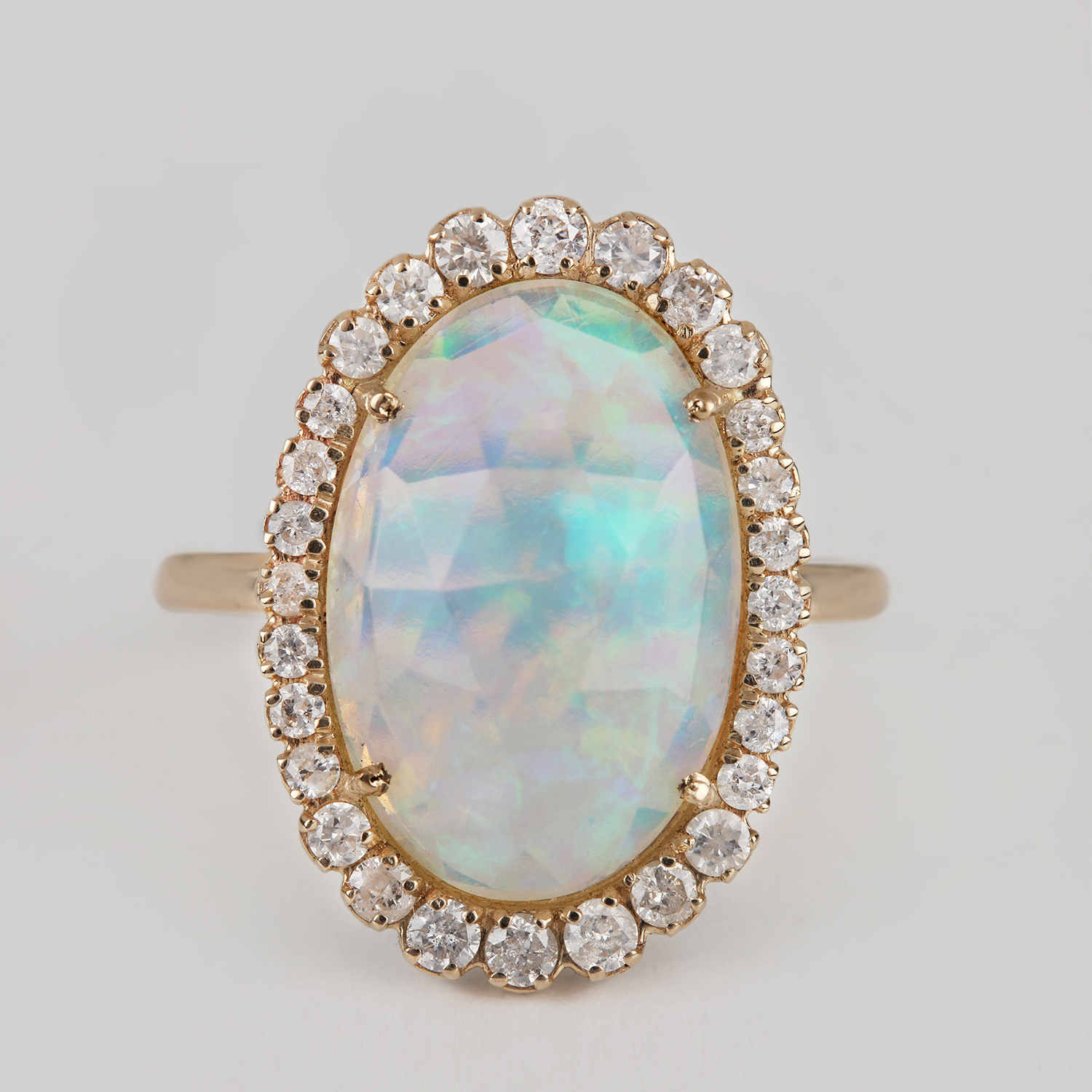 14K Solid Gold Real Pave Diamond Ring Natural Opal Gemstone Jewelry