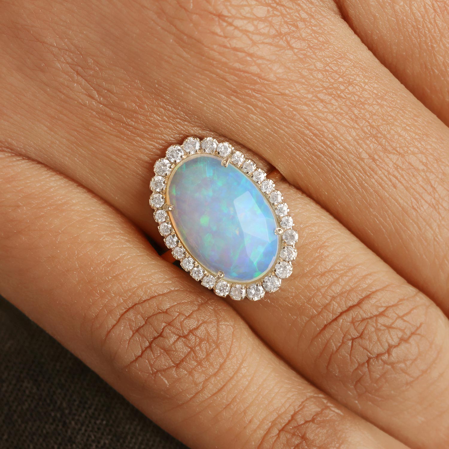 14K Solid Gold Real Pave Diamond Ring Natural Opal Gemstone Jewelry