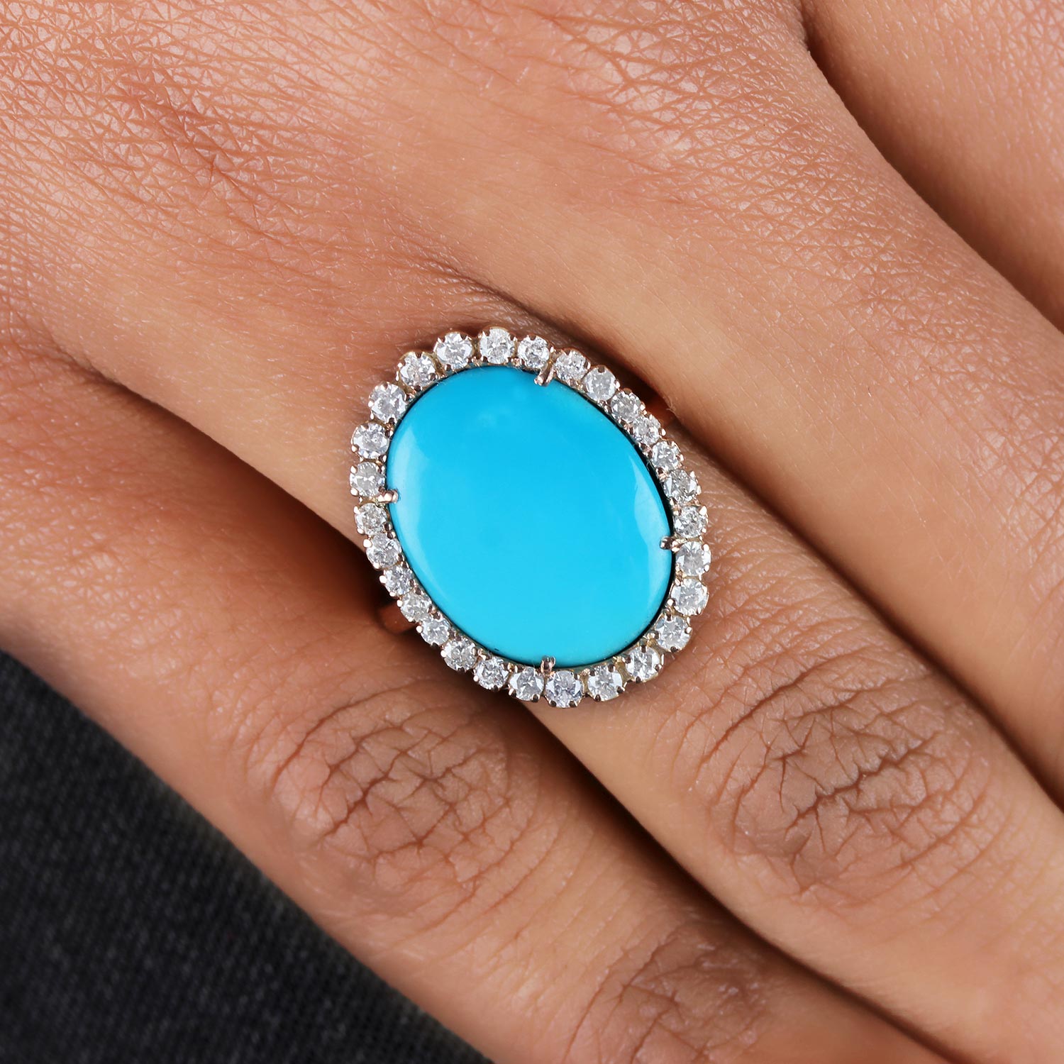 Turquoise Gemstone 14K Solid Gold Cocktail Ring Pave Diamond Jewelry