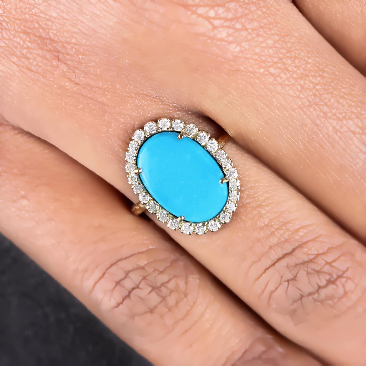 14K Solid Gold Pave Diamond Ring Turquoise Gemstone Jewelry