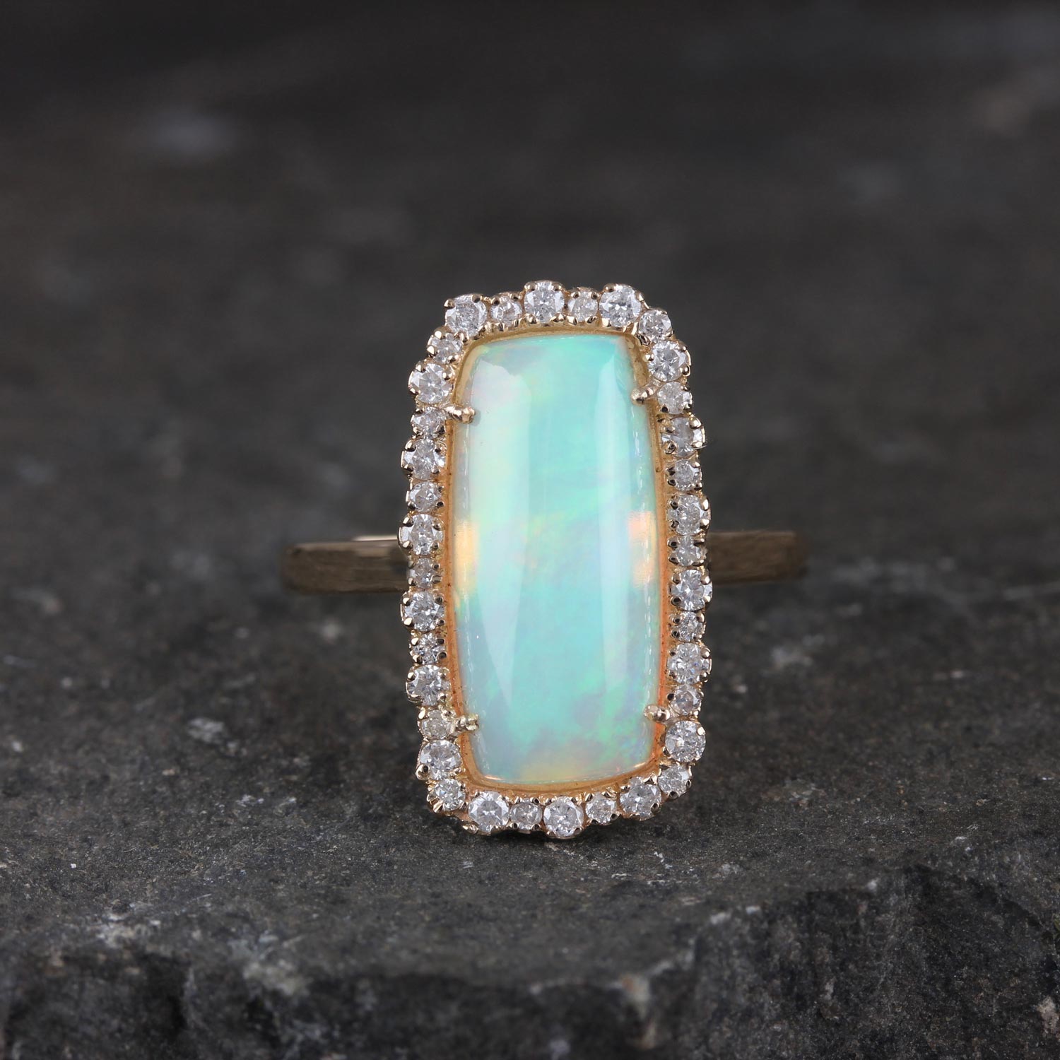 Opal Gemstone 14K Solid Gold Cocktail Ring Pave Diamond Jewelry