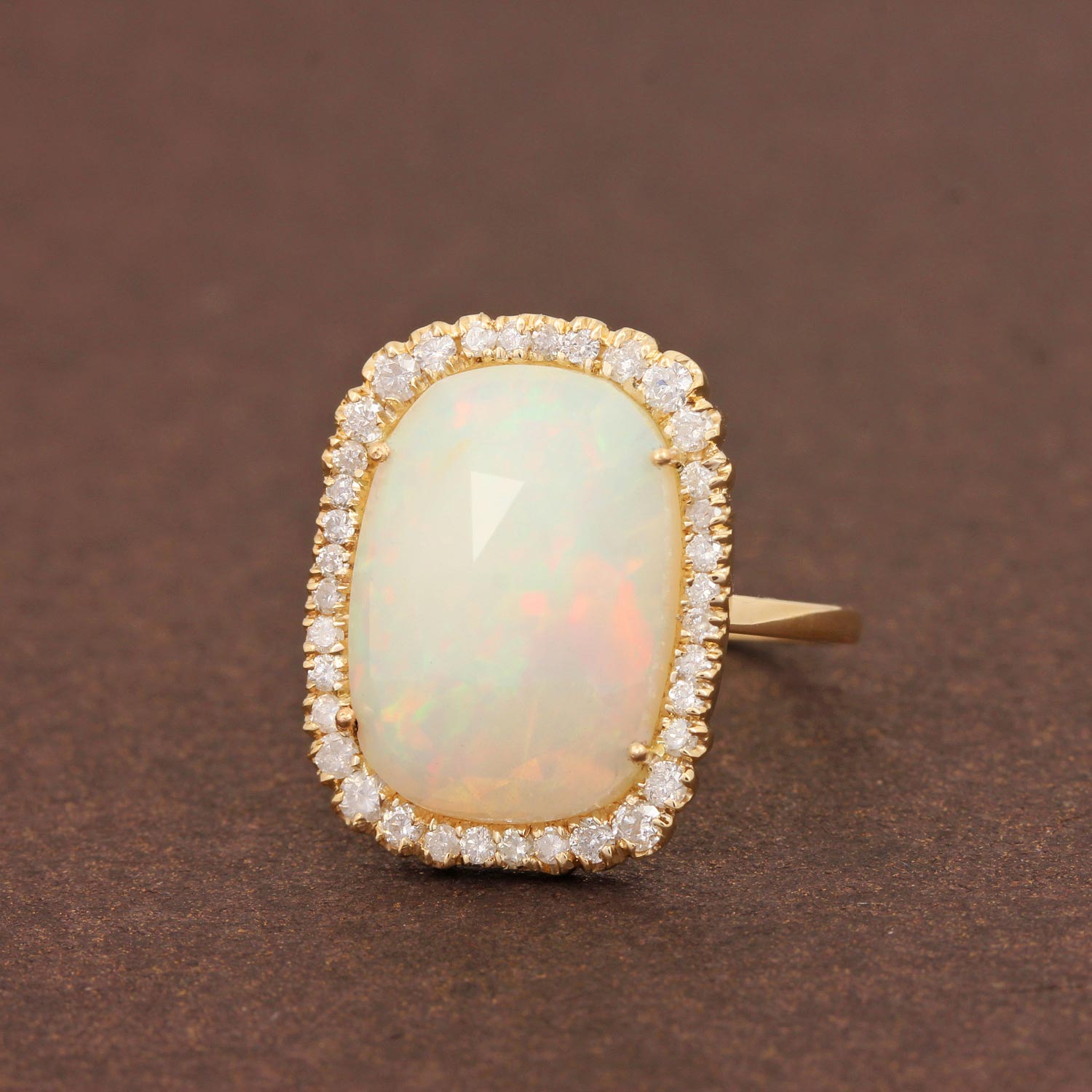 Opal Gemstone Pave Diamond Cocktail Ring 14K Solid Gold Fine Jewelry