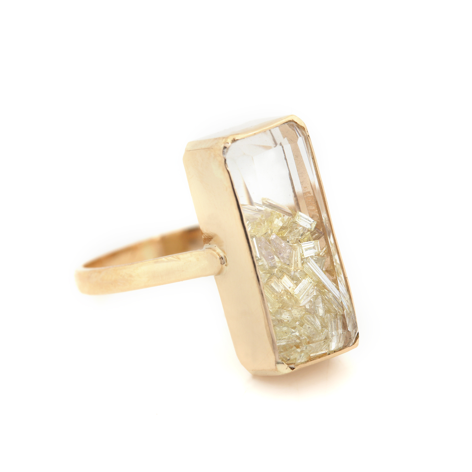 14K Solid Gold Crystal Quartz Shaker Ring Natural Diamond Jewelry
