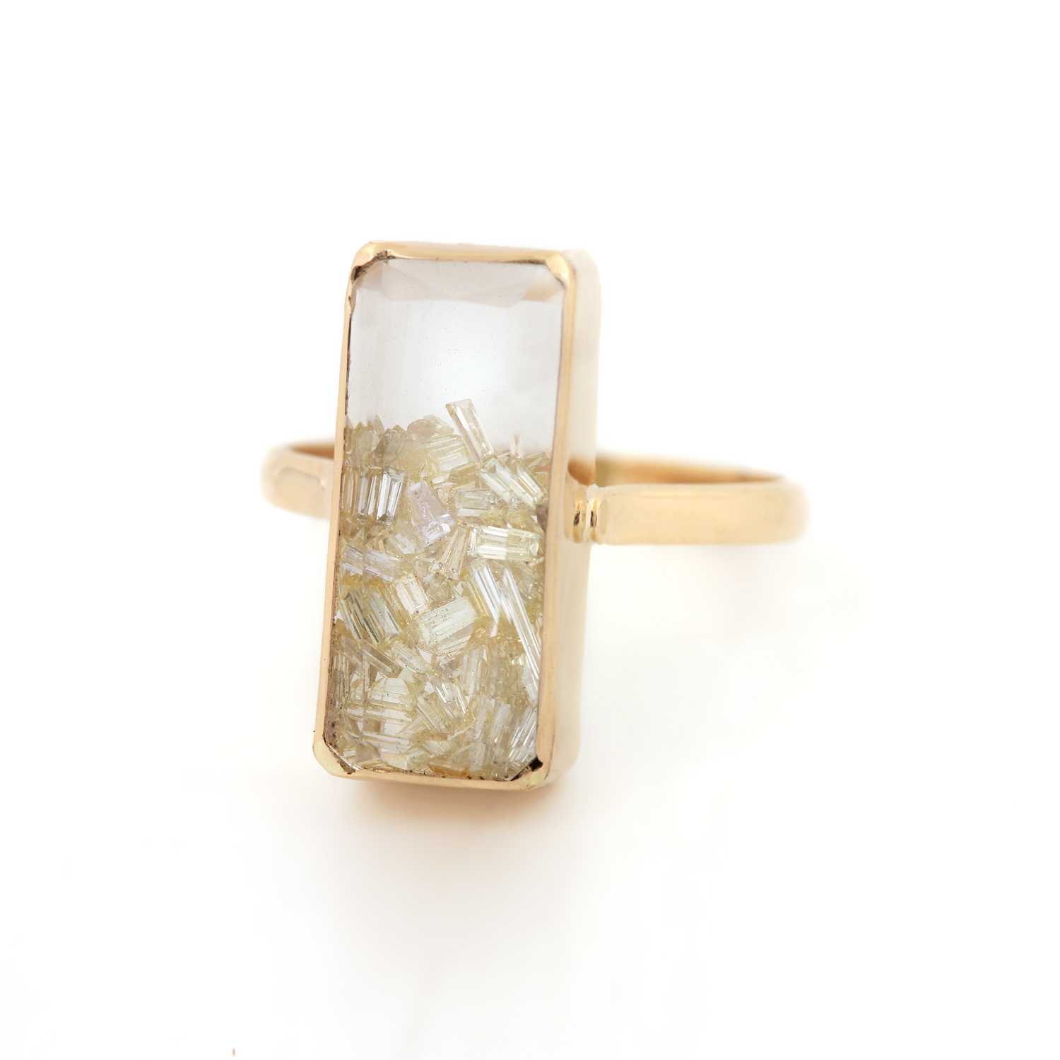 14K Solid Gold Crystal Quartz Shaker Ring Natural Diamond Jewelry