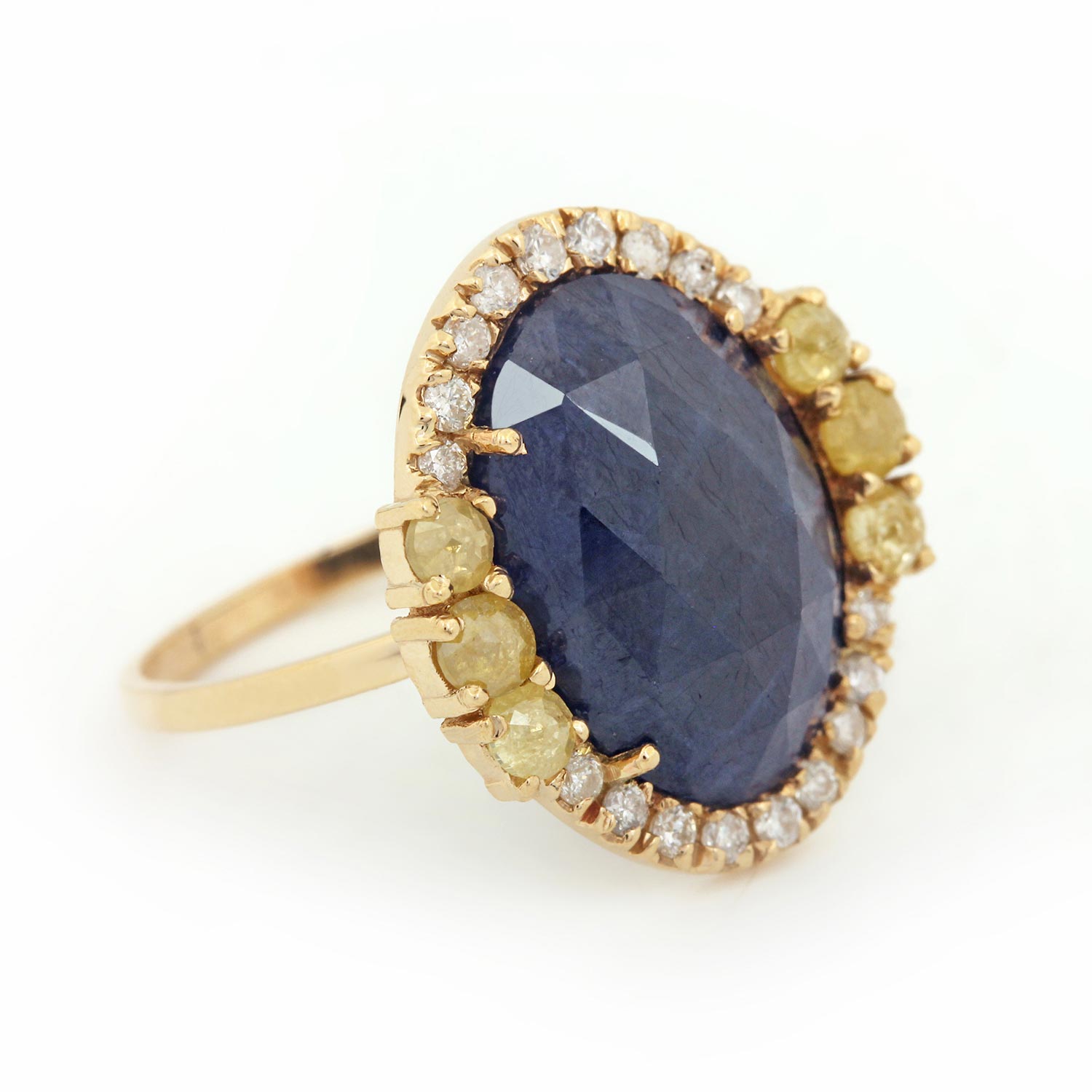 Blue Sapphire 14K Solid Gold Cocktail Ring Pave Diamond Jewelry