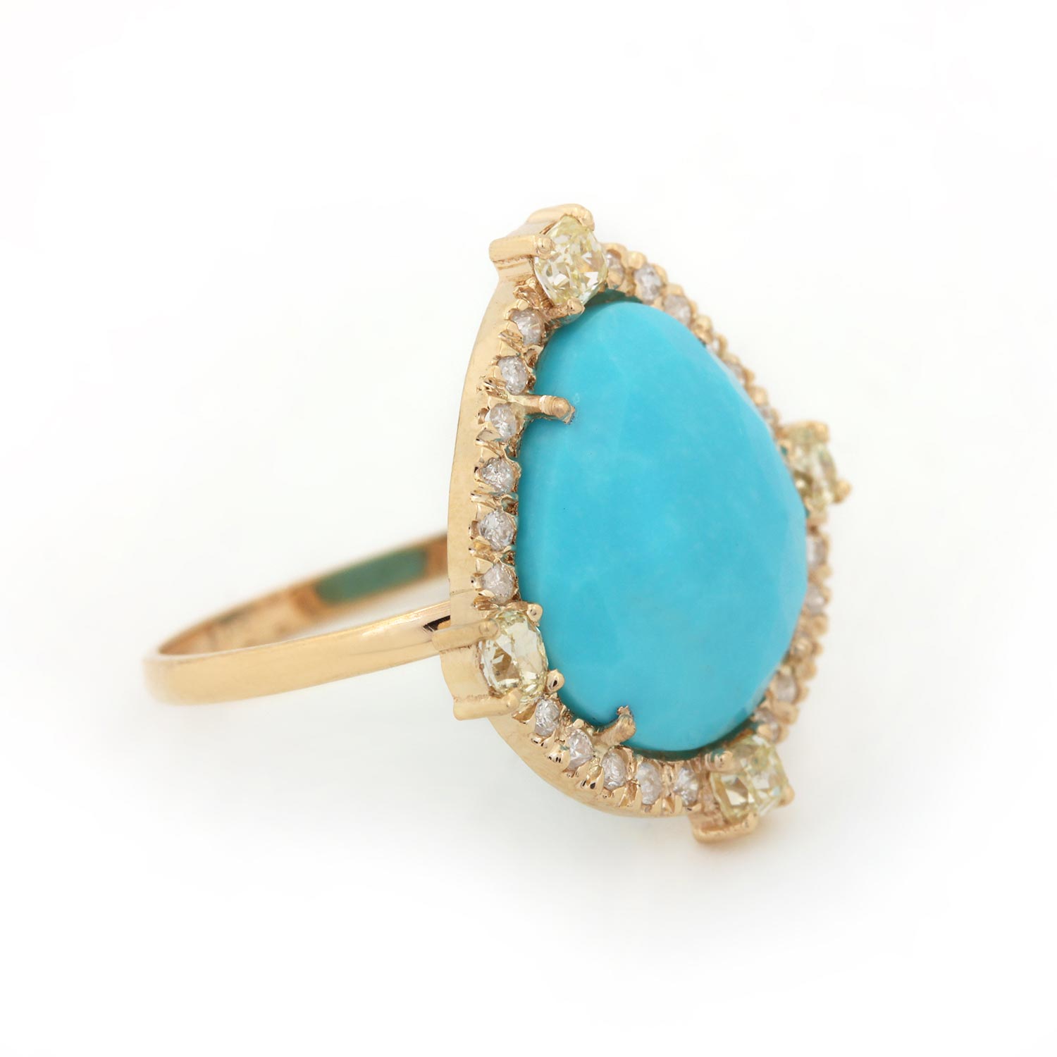 Turquoise 14K Solid Gold Cocktail Ring Pave Diamond Jewelry