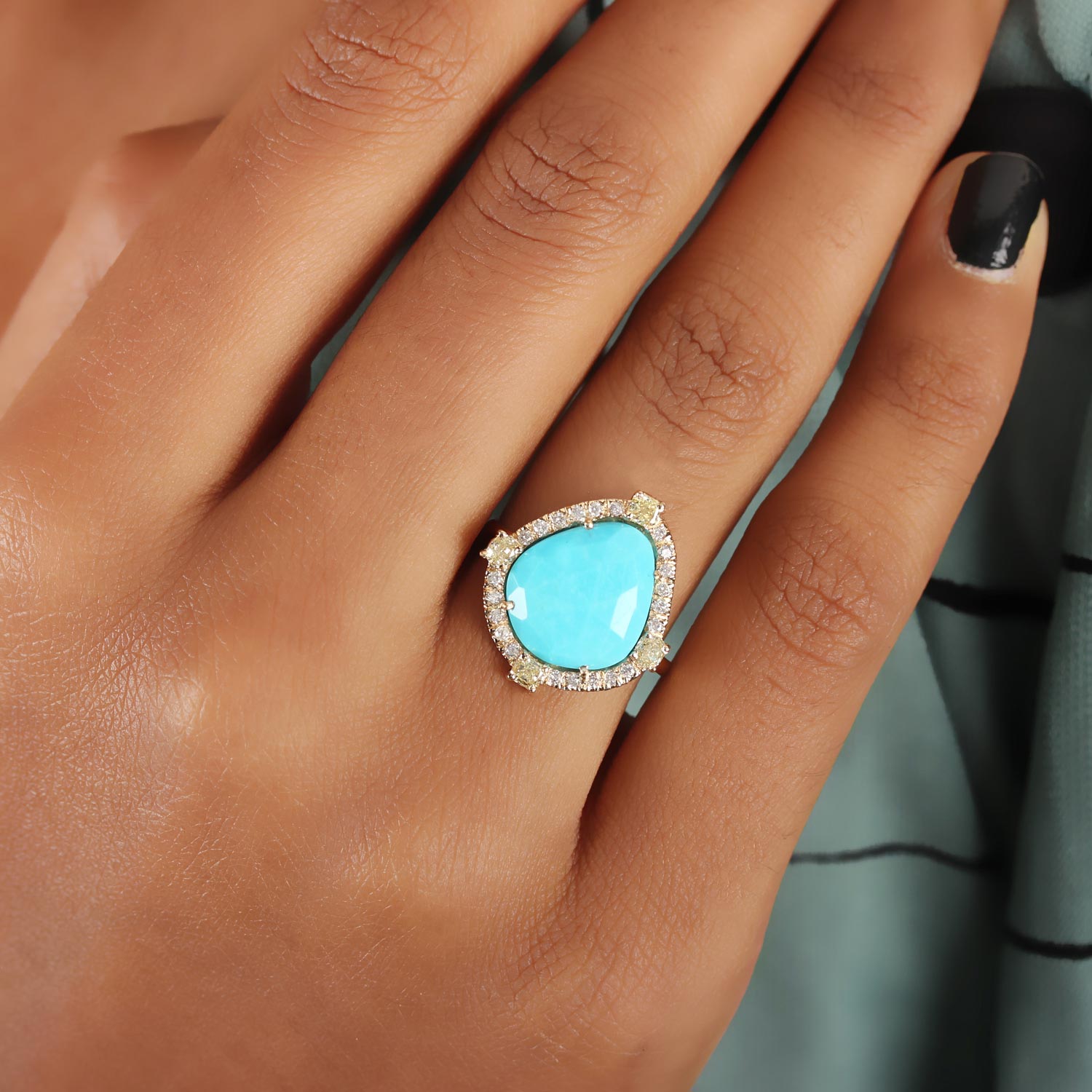 Turquoise 14K Solid Gold Cocktail Ring Pave Diamond Jewelry