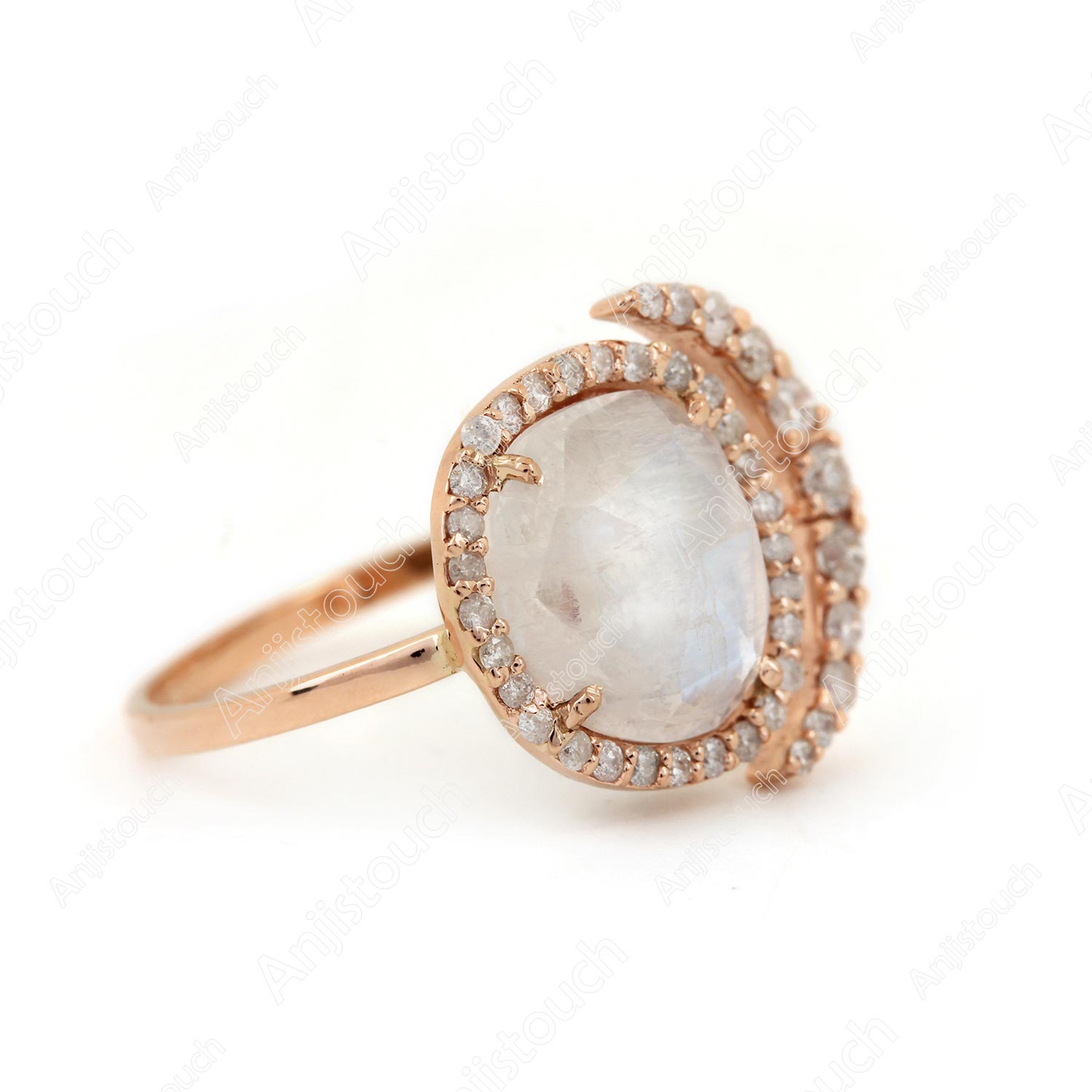 Moonstone 14K Solid Gold Crescent Moon Style Ring Pave Diamond Jewelry