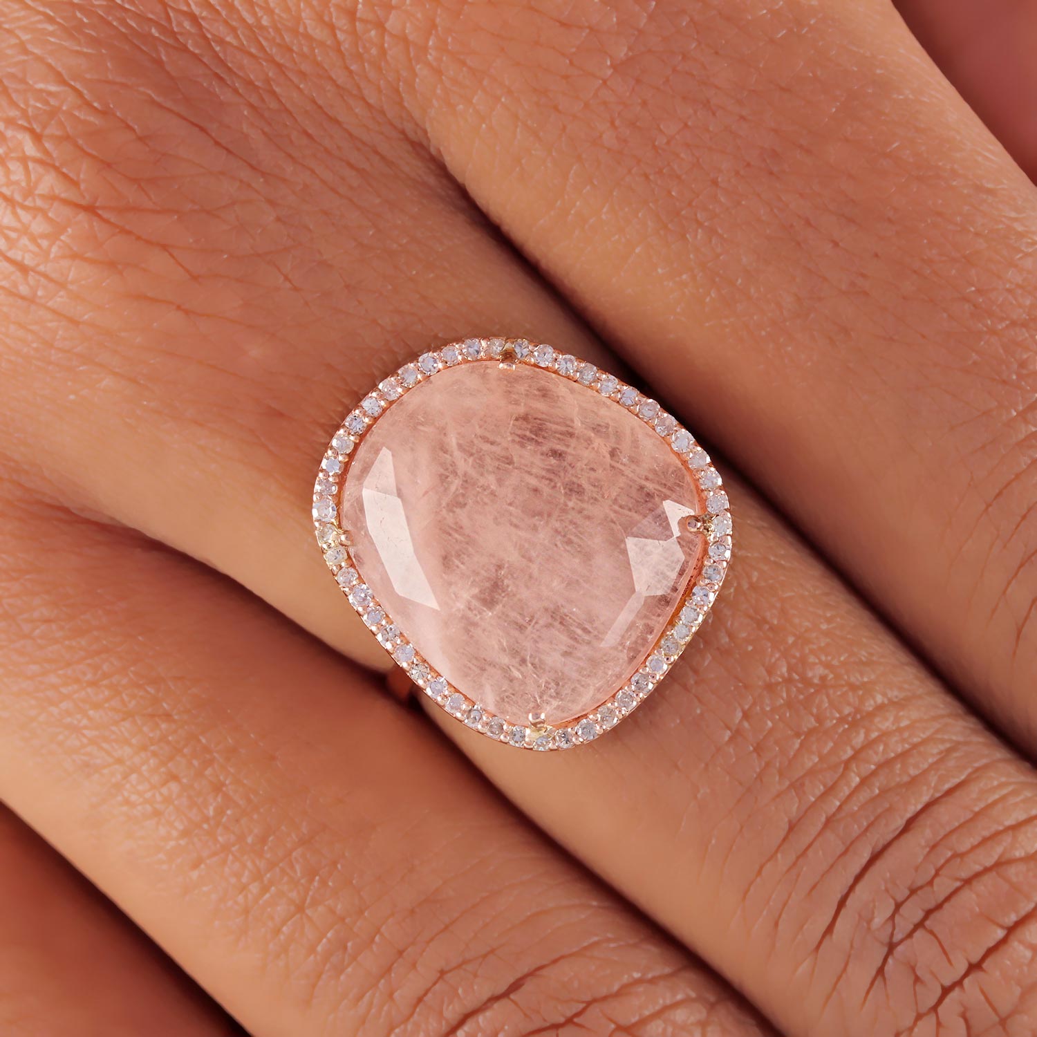 Morganite 14K Solid Gold Cocktail Ring Pave Diamond Jewelry