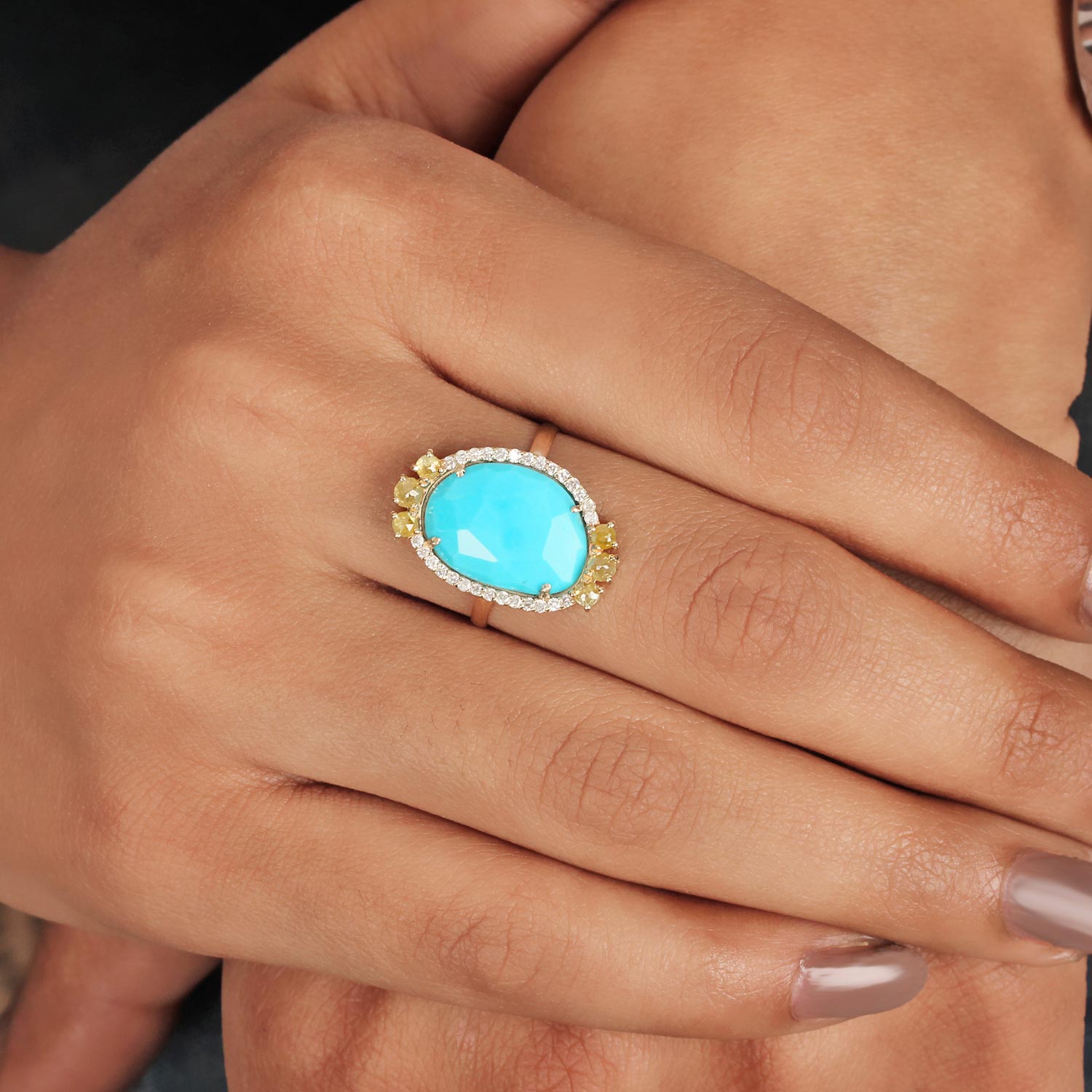 Turquoise Gemstone 14K Solid Gold Cocktail Ring Pave Diamond Jewelry