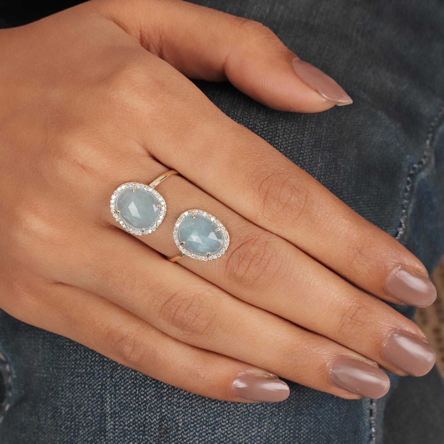Aquamarine Gemstone 14K Solid Gold Ring Pave Diamond Jewelry