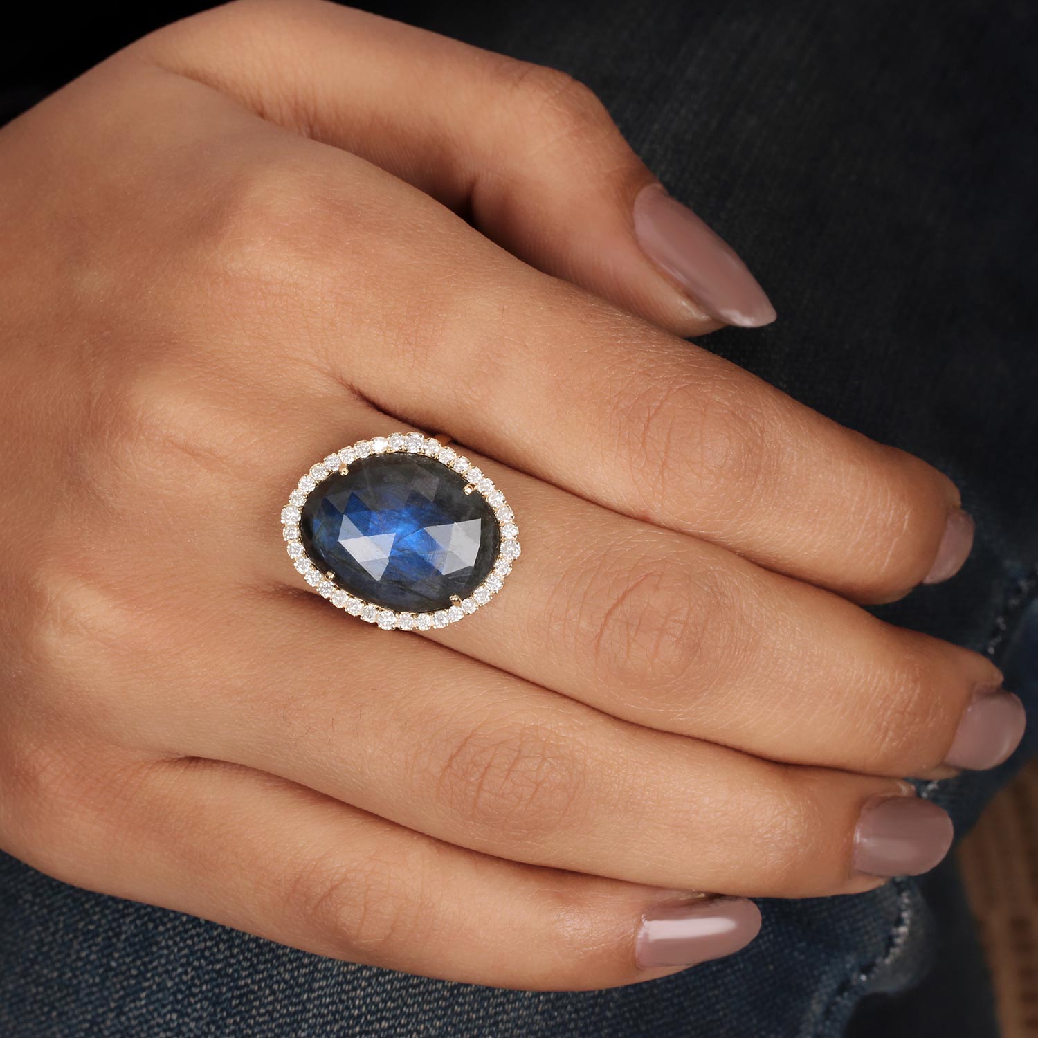 Labradorite Gemstone 14K Solid Gold Ring Pave Diamond Jewelry