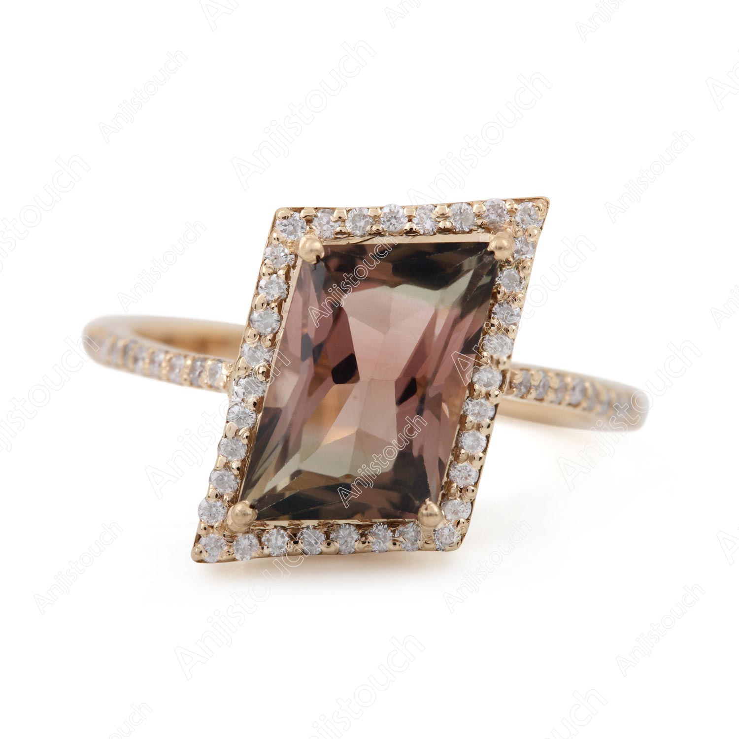 Tourmaline Gemstone 14K Solid Gold Ring Pave Diamond Jewelry