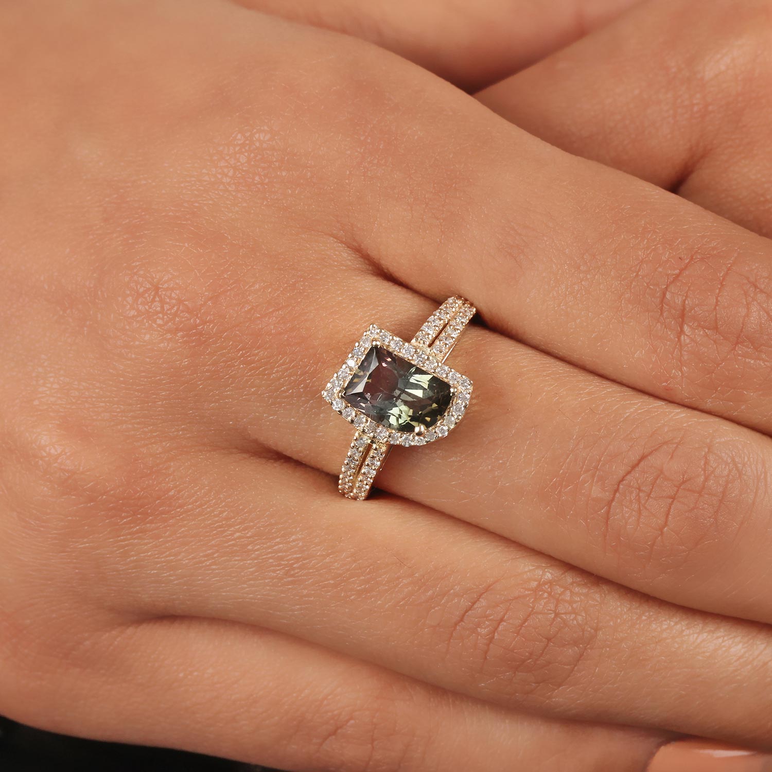 Tourmaline Gemstone 14K Solid Gold Ring Pave Diamond Fine Jewelry