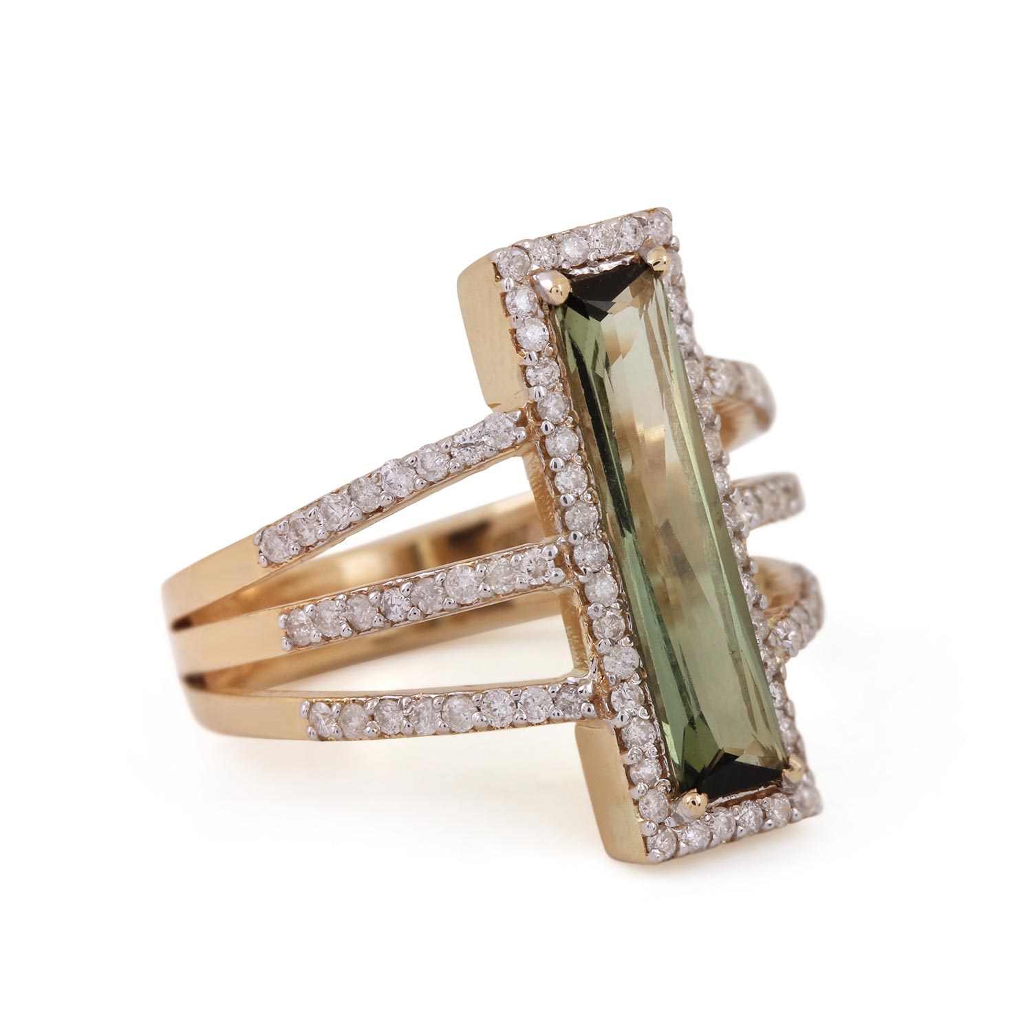 14K Solid Gold Pave Diamond Ring Tourmaline Gemstone Jewelry