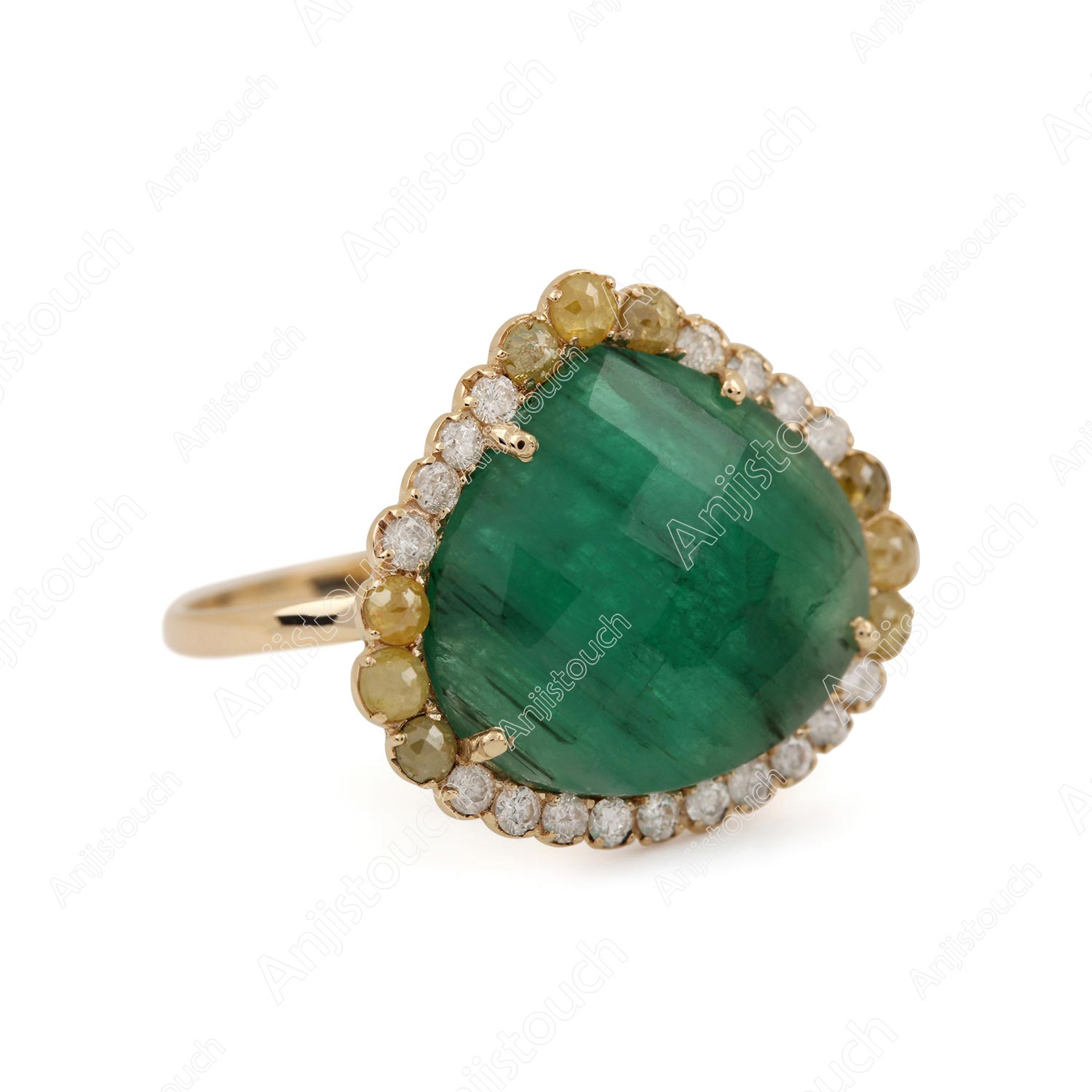 Emerald Gemstone 14K Solid Gold Ring Pave Diamond Jewelry