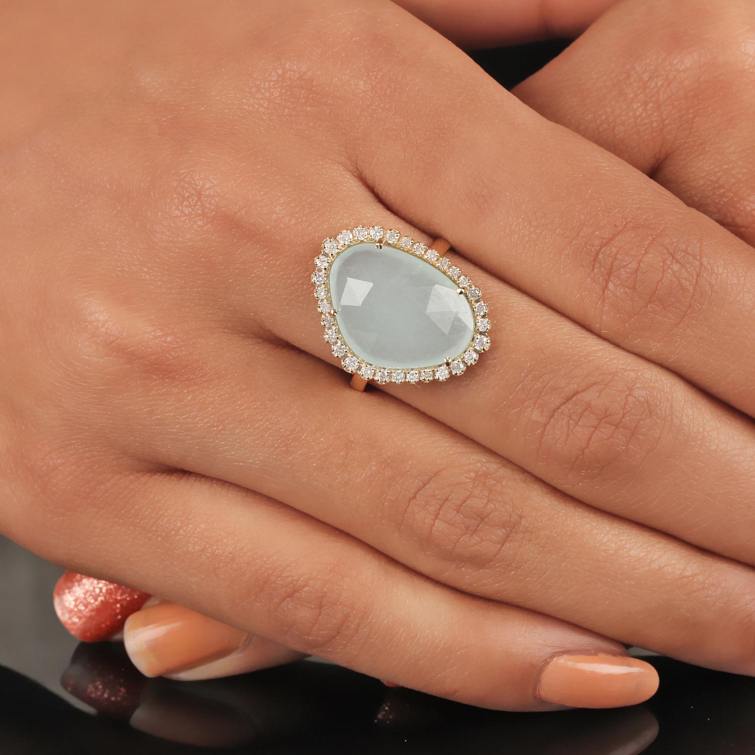 Aquamarine Gemstone 14K Solid Gold Ring Pave Diamond Fine Jewelry