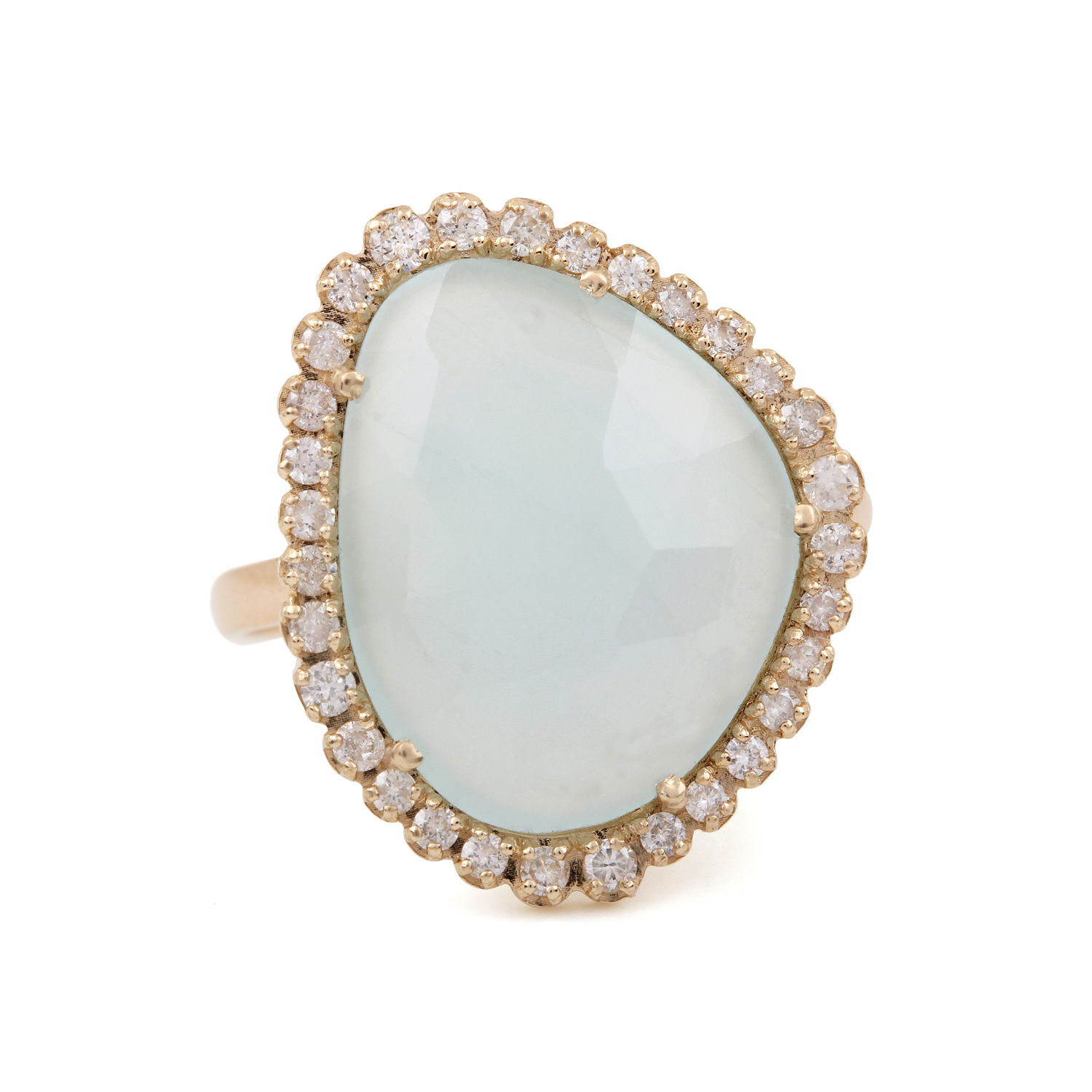 14K Solid Gold Aquamarine Gemstone Ring Pave Diamond Jewelry