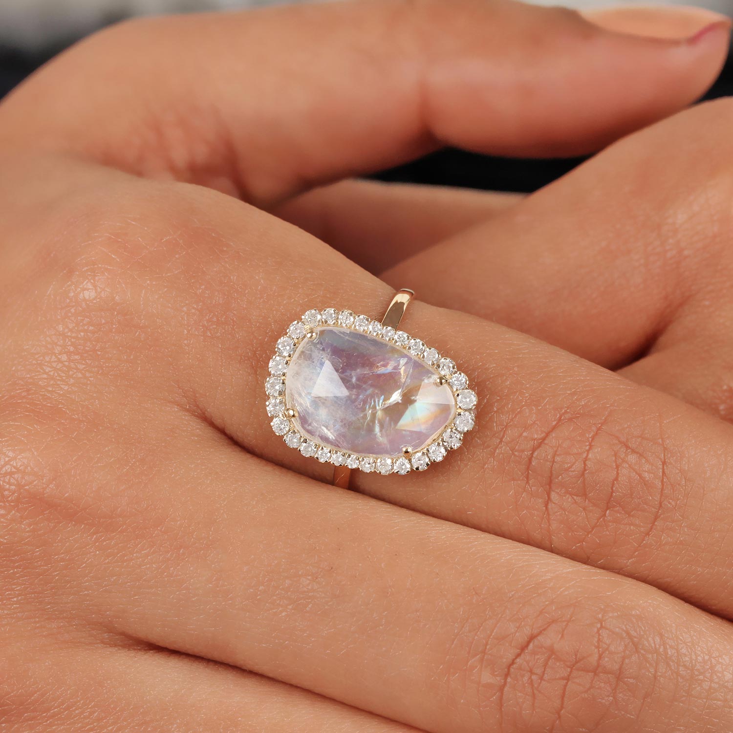 Moonstone Gemstone 14K Solid Gold Ring Pave Diamond Jewelry