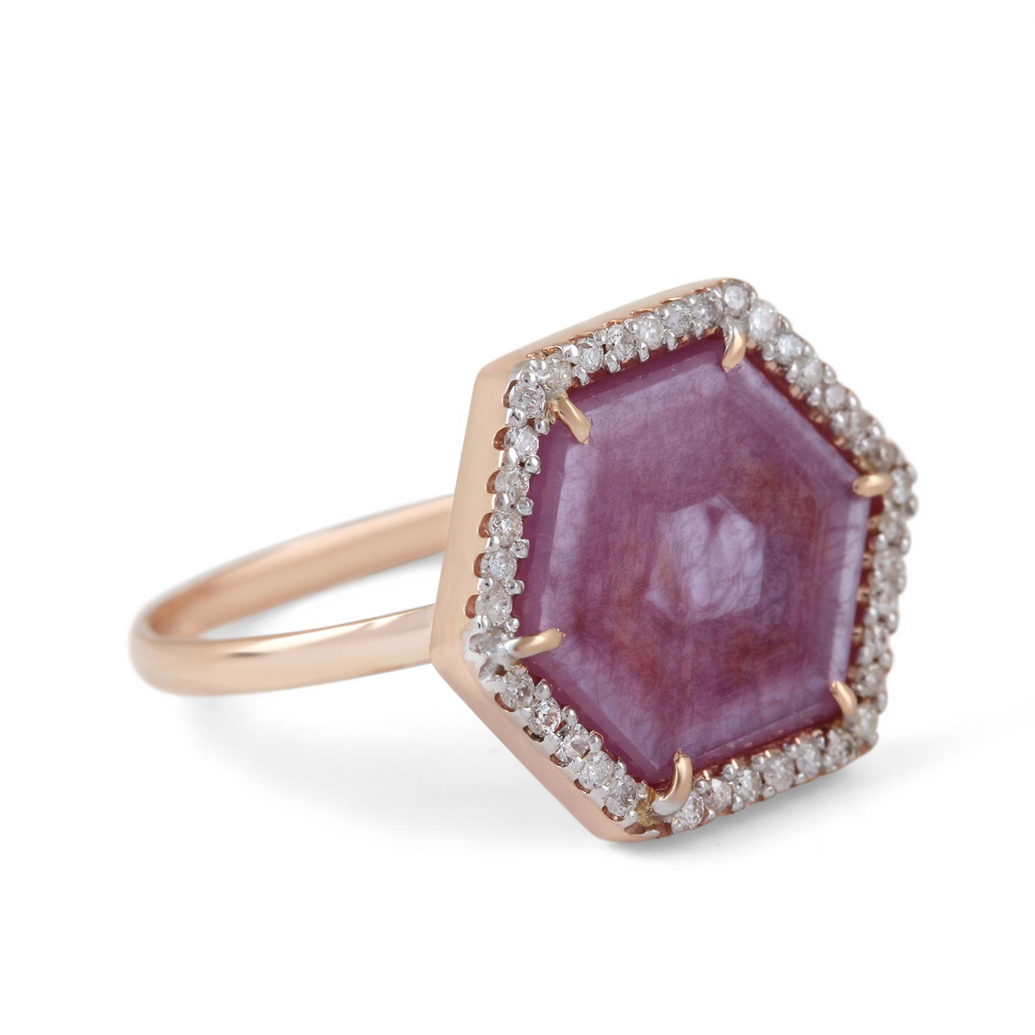 14K Solid Gold Pave Diamond Ring Pink Sapphire Gemstone Jewelry