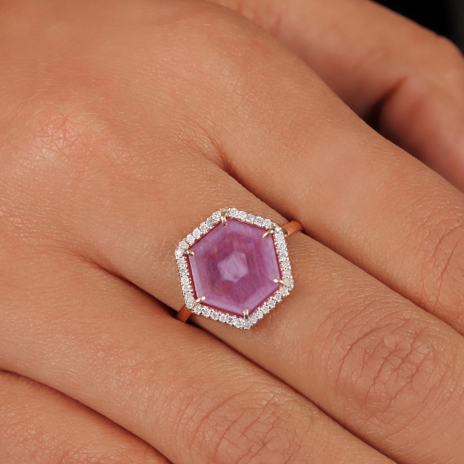 14K Solid Gold Pave Diamond Ring Pink Sapphire Gemstone Jewelry